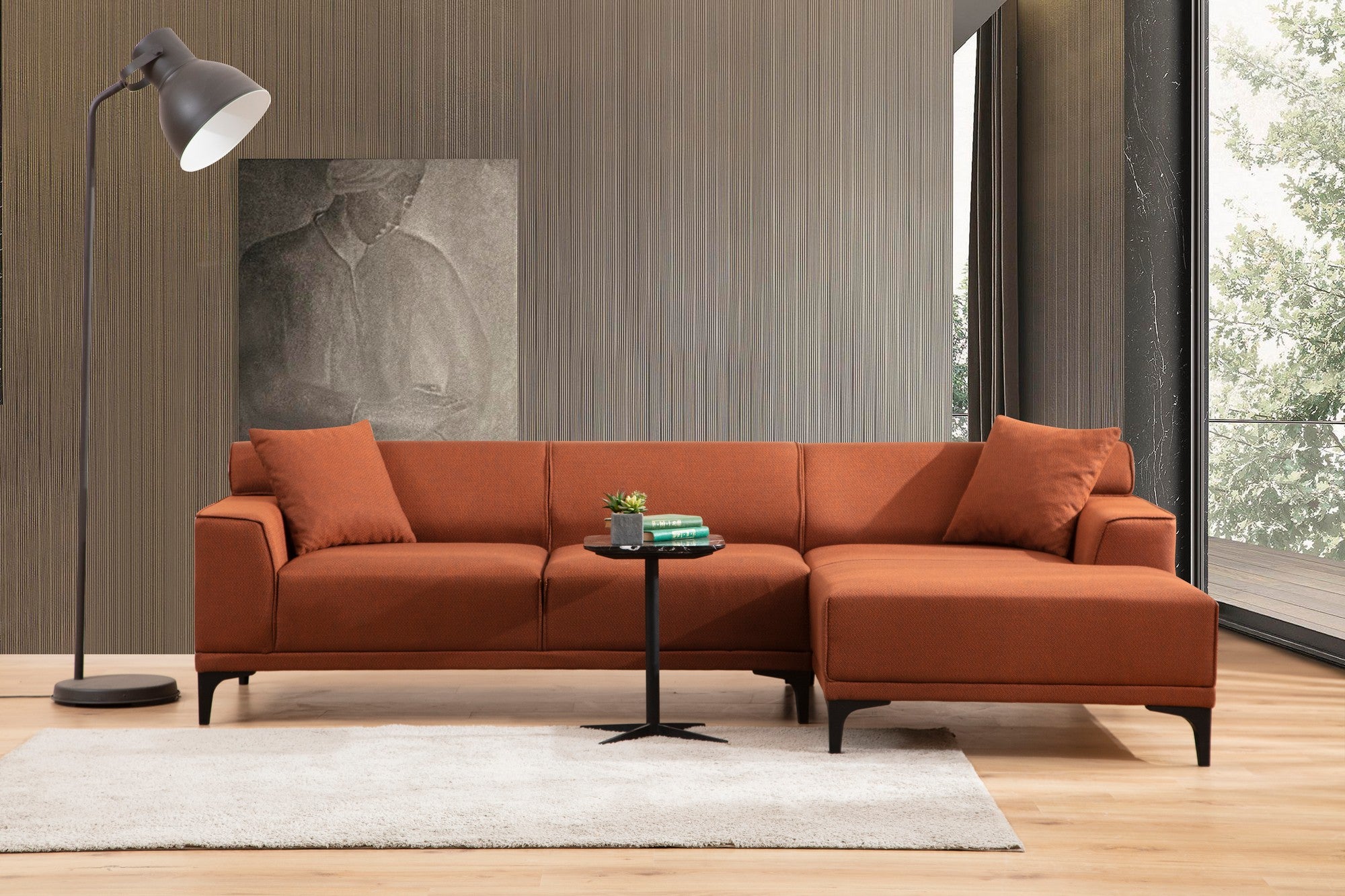 Sofá de canto laranja elegante, estrutura de madeira de faia e aglomerado, 145 x 250 cm | 100% poliéster, almofadas fixas, 2 travesseiros incluídos | Design industrial moderno