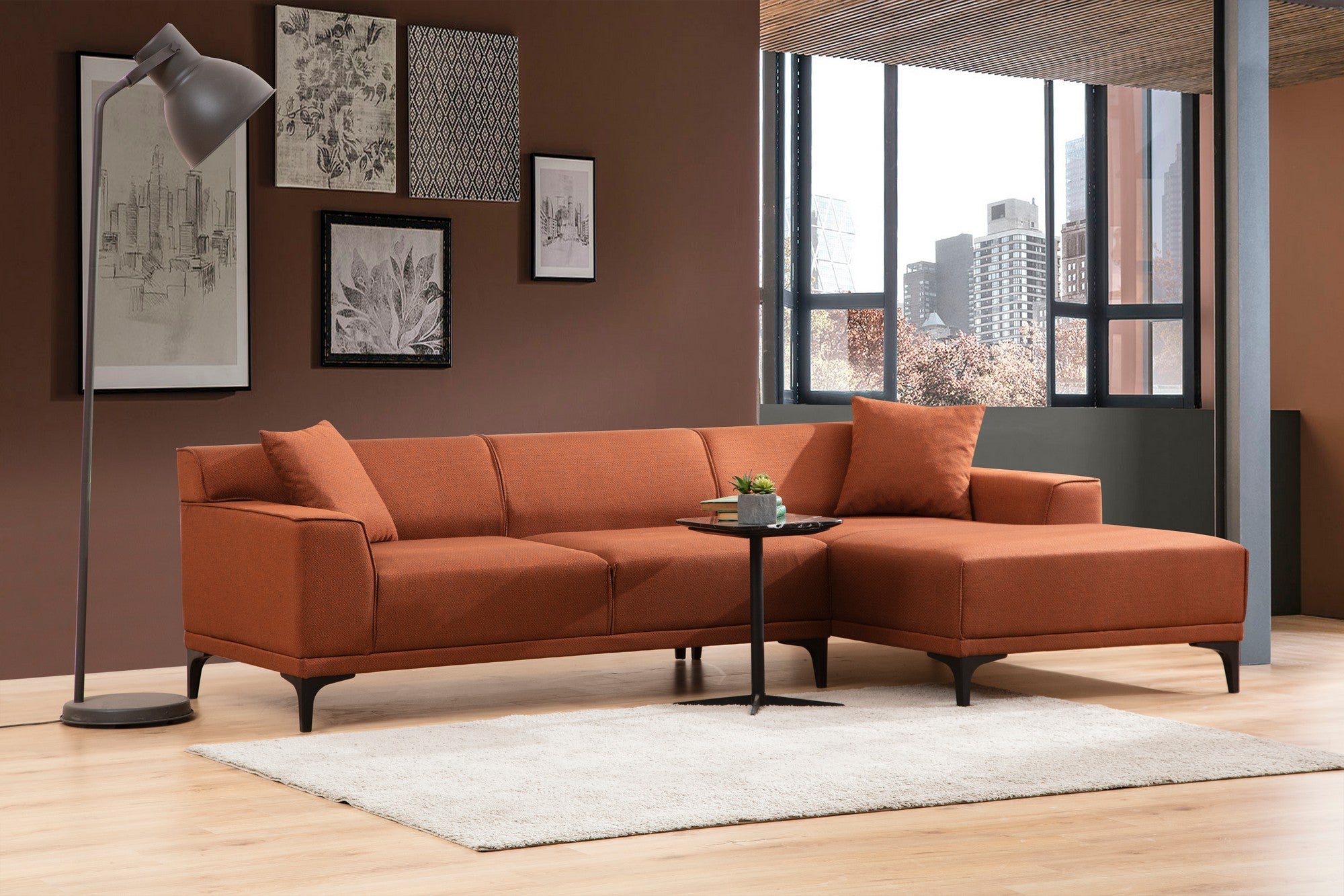 Sofá de canto laranja elegante, estrutura de madeira de faia e aglomerado, 145 x 250 cm | 100% poliéster, almofadas fixas, 2 travesseiros incluídos | Design industrial moderno