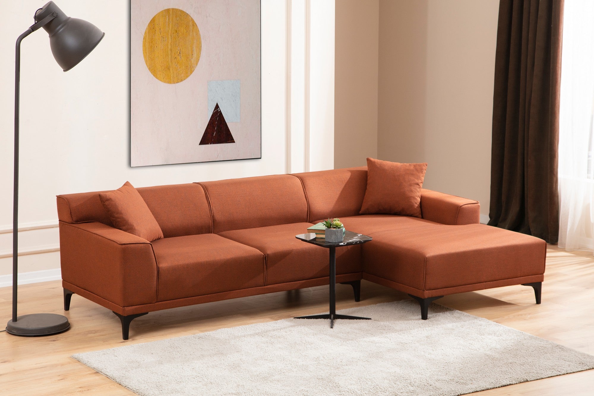 Sofá de canto laranja elegante, estrutura de madeira de faia e aglomerado, 145 x 250 cm | 100% poliéster, almofadas fixas, 2 travesseiros incluídos | Design industrial moderno