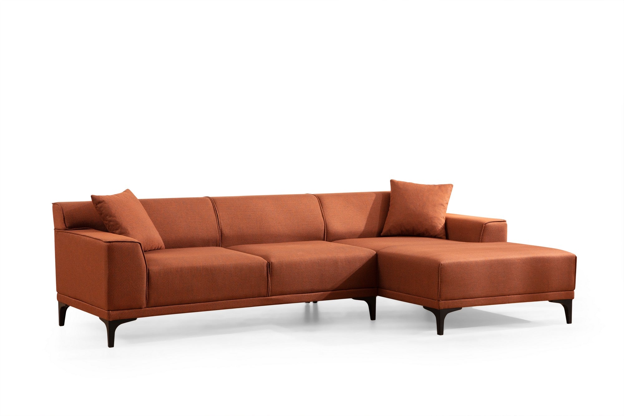 Sofá de canto laranja elegante, estrutura de madeira de faia e aglomerado, 145 x 250 cm | 100% poliéster, almofadas fixas, 2 travesseiros incluídos | Design industrial moderno