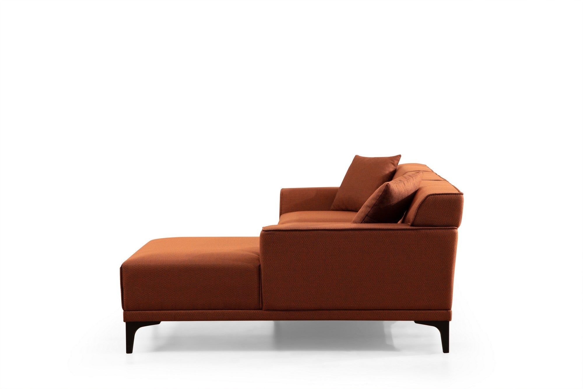 Sofá de canto laranja elegante, estrutura de madeira de faia e aglomerado, 145 x 250 cm | 100% poliéster, almofadas fixas, 2 travesseiros incluídos | Design industrial moderno