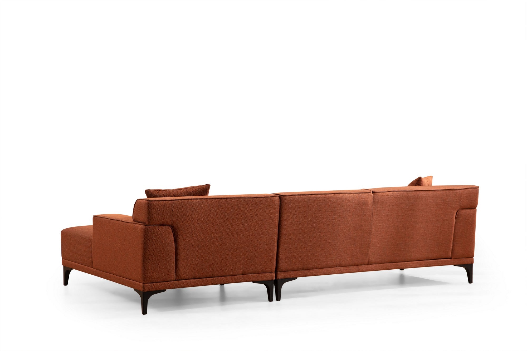 Sofá de canto laranja elegante, estrutura de madeira de faia e aglomerado, 145 x 250 cm | 100% poliéster, almofadas fixas, 2 travesseiros incluídos | Design industrial moderno