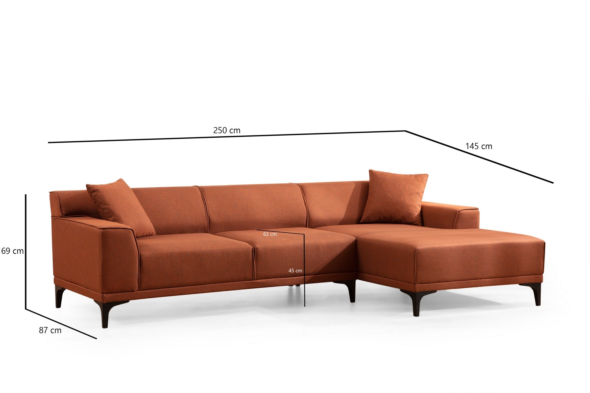 Sofá de canto laranja elegante, estrutura de madeira de faia e aglomerado, 145 x 250 cm | 100% poliéster, almofadas fixas, 2 travesseiros incluídos | Design industrial moderno