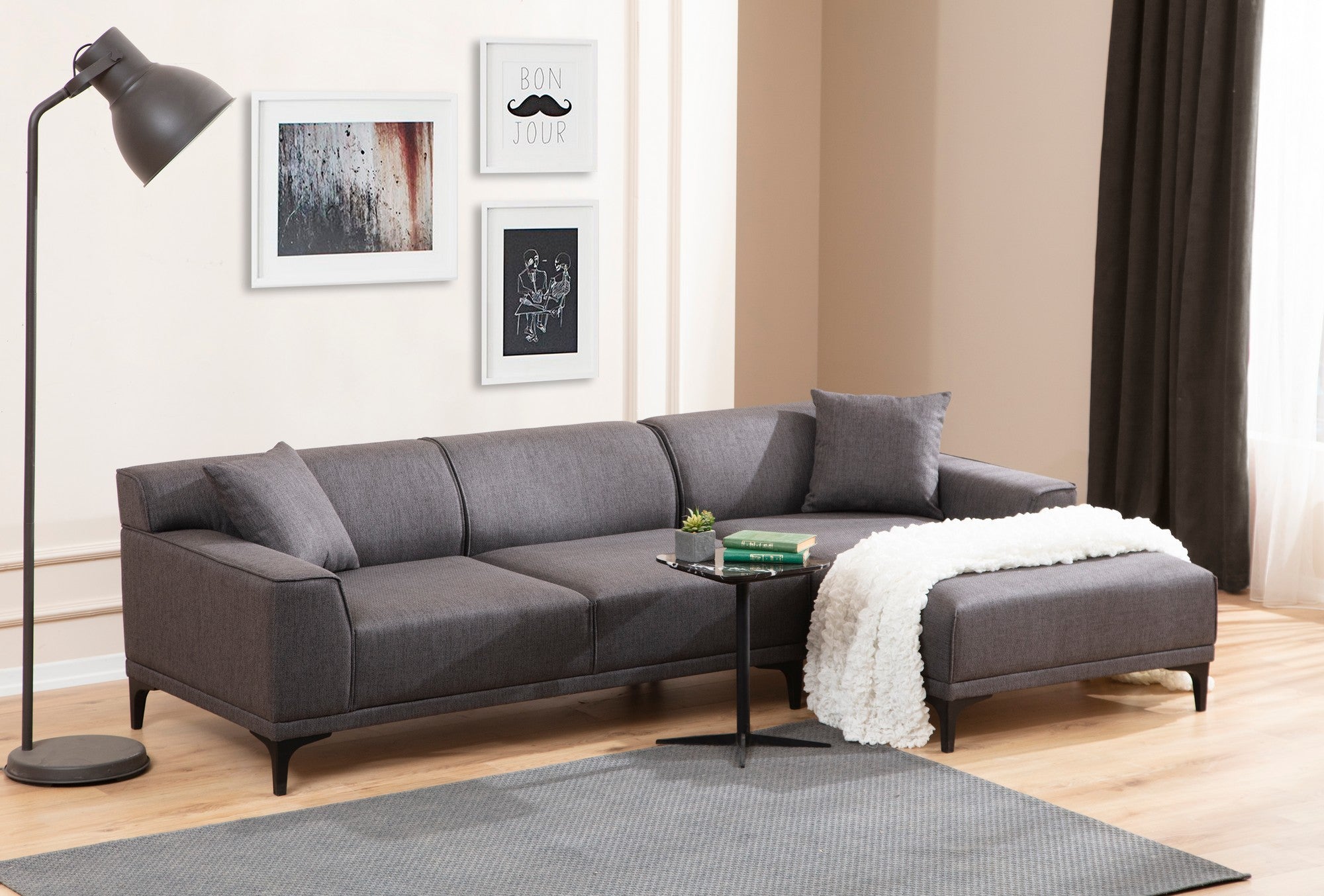 Sofá de canto elegante, antracite, 145 x 250 x 77 cm | Estrutura em madeira de faia e aglomerado, 100% poliéster, almofadas fixas, 2 travesseiros incluídos | Design escandinavo industrial moderno