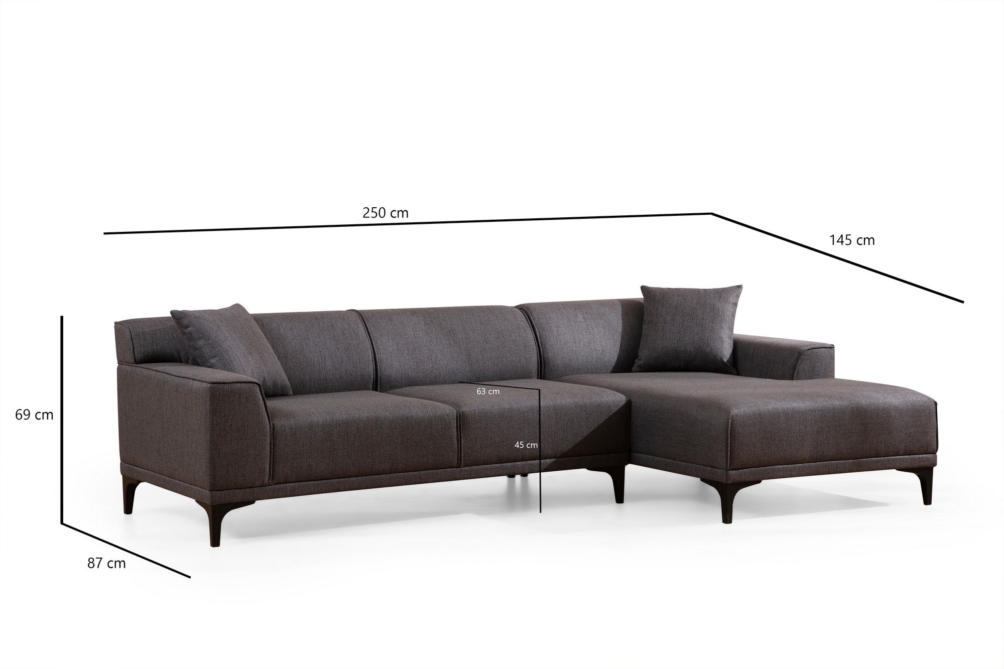 Sofá de canto elegante, antracite, 145 x 250 x 77 cm | Estrutura em madeira de faia e aglomerado, 100% poliéster, almofadas fixas, 2 travesseiros incluídos | Design escandinavo industrial moderno