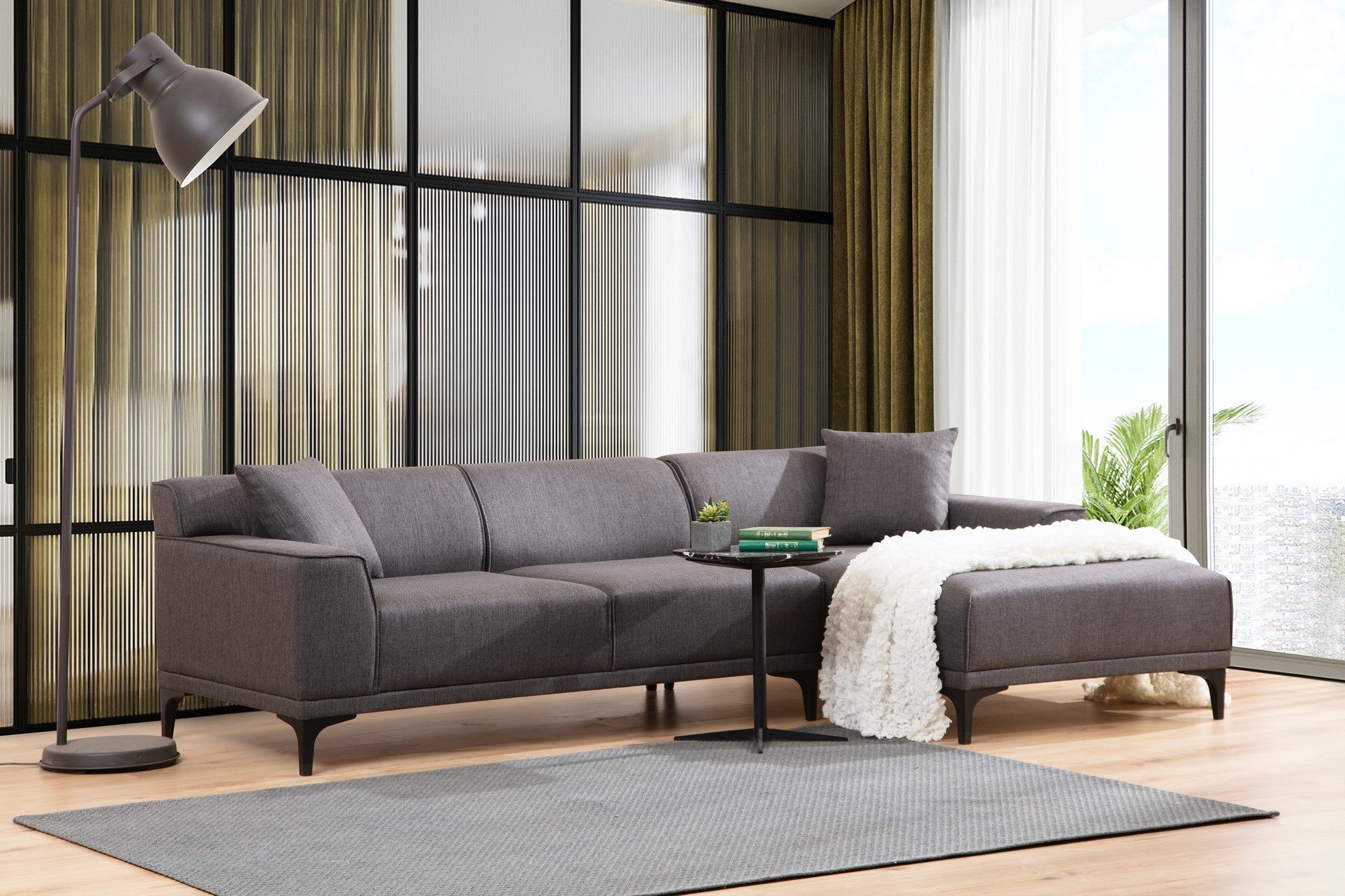 Sofá de canto elegante, antracite, 145 x 250 x 77 cm | Estrutura em madeira de faia e aglomerado, 100% poliéster, almofadas fixas, 2 travesseiros incluídos | Design escandinavo industrial moderno