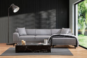 Sofá de canto elegante, cinza claro, 145 x 250 x 77 cm | Estrutura em madeira de faia e aglomerado, 100% poliéster, almofadas fixas, 2 travesseiros incluídos | Design escandinavo moderno