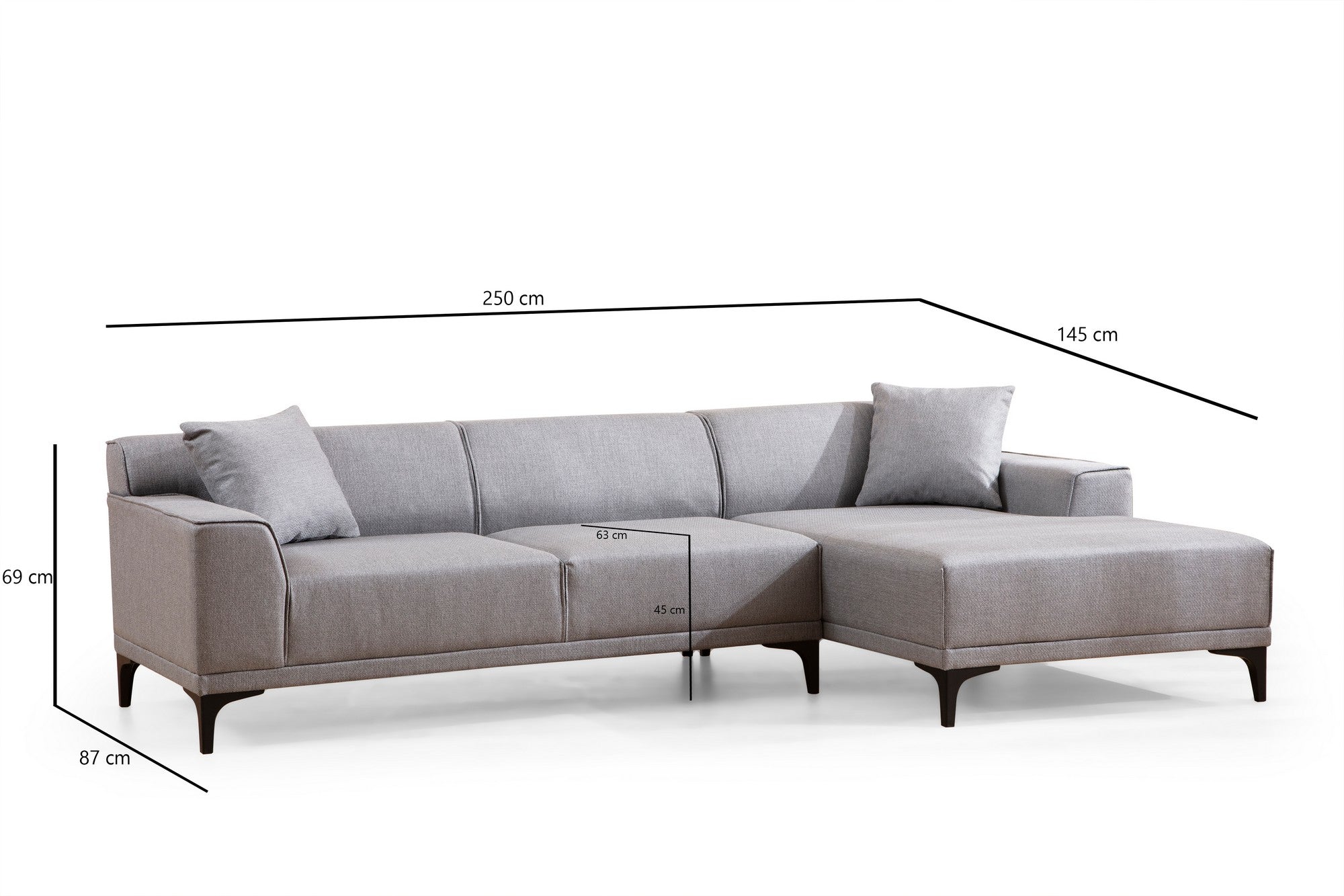 Sofá de canto elegante, cinza claro, 145 x 250 x 77 cm | Estrutura em madeira de faia e aglomerado, 100% poliéster, almofadas fixas, 2 travesseiros incluídos | Design escandinavo moderno