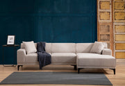 Sofá de canto elegante, branco, 145 x 250 x 86 cm | Estrutura em madeira de faia e aglomerado, 100% poliéster, inclui 2 almofadas | Design escandinavo moderno