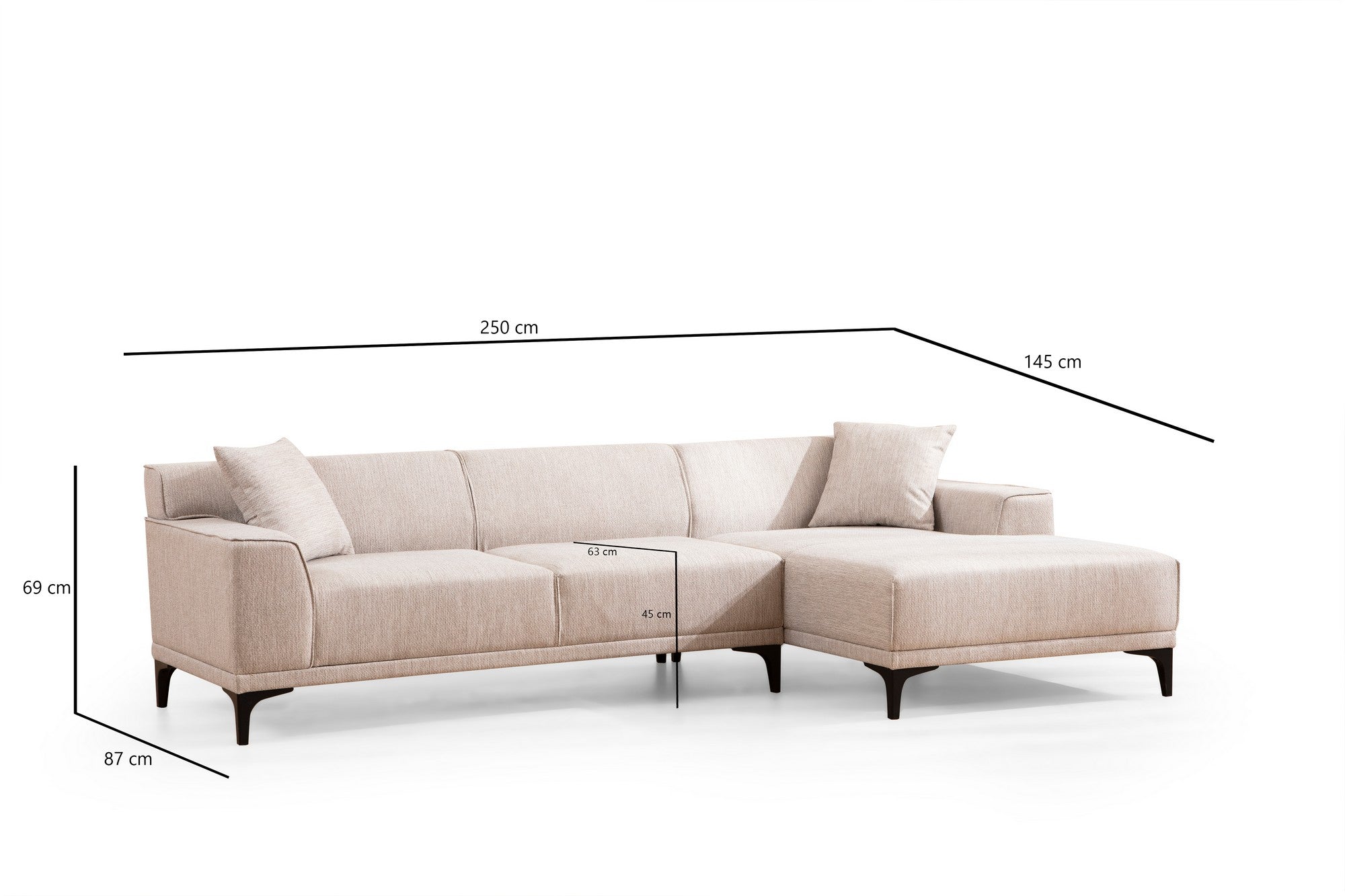 Sofá de canto elegante, branco, 145 x 250 x 86 cm | Estrutura em madeira de faia e aglomerado, 100% poliéster, inclui 2 almofadas | Design escandinavo moderno