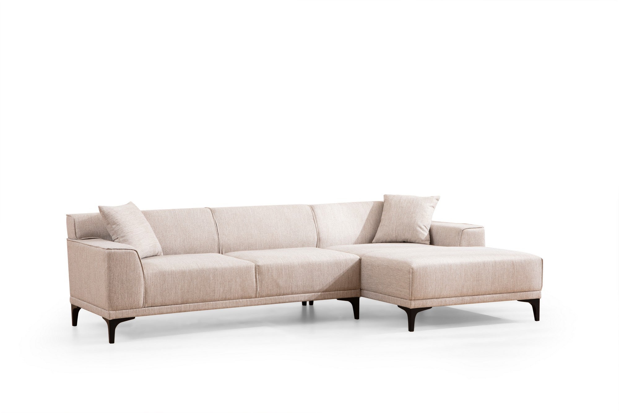 Sofá de canto elegante, branco, 145 x 250 x 86 cm | Estrutura em madeira de faia e aglomerado, 100% poliéster, inclui 2 almofadas | Design escandinavo moderno