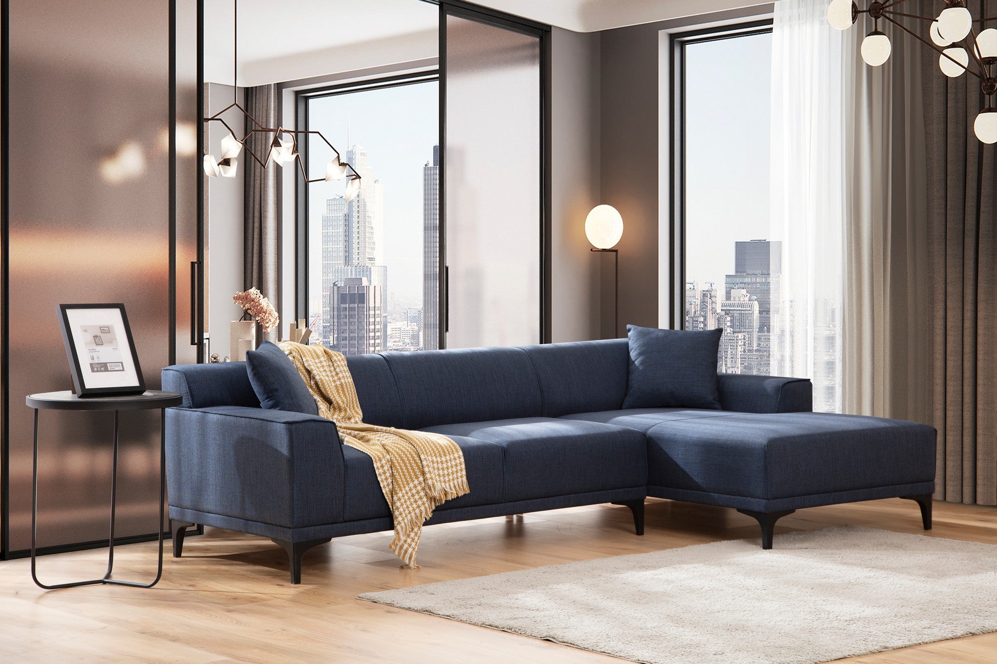 Sofá de canto elegante em azul, estrutura de madeira de faia e aglomerado, 145 x 250 cm | 100% poliéster, almofadas fixas, 2 travesseiros incluídos | Design escandinavo moderno