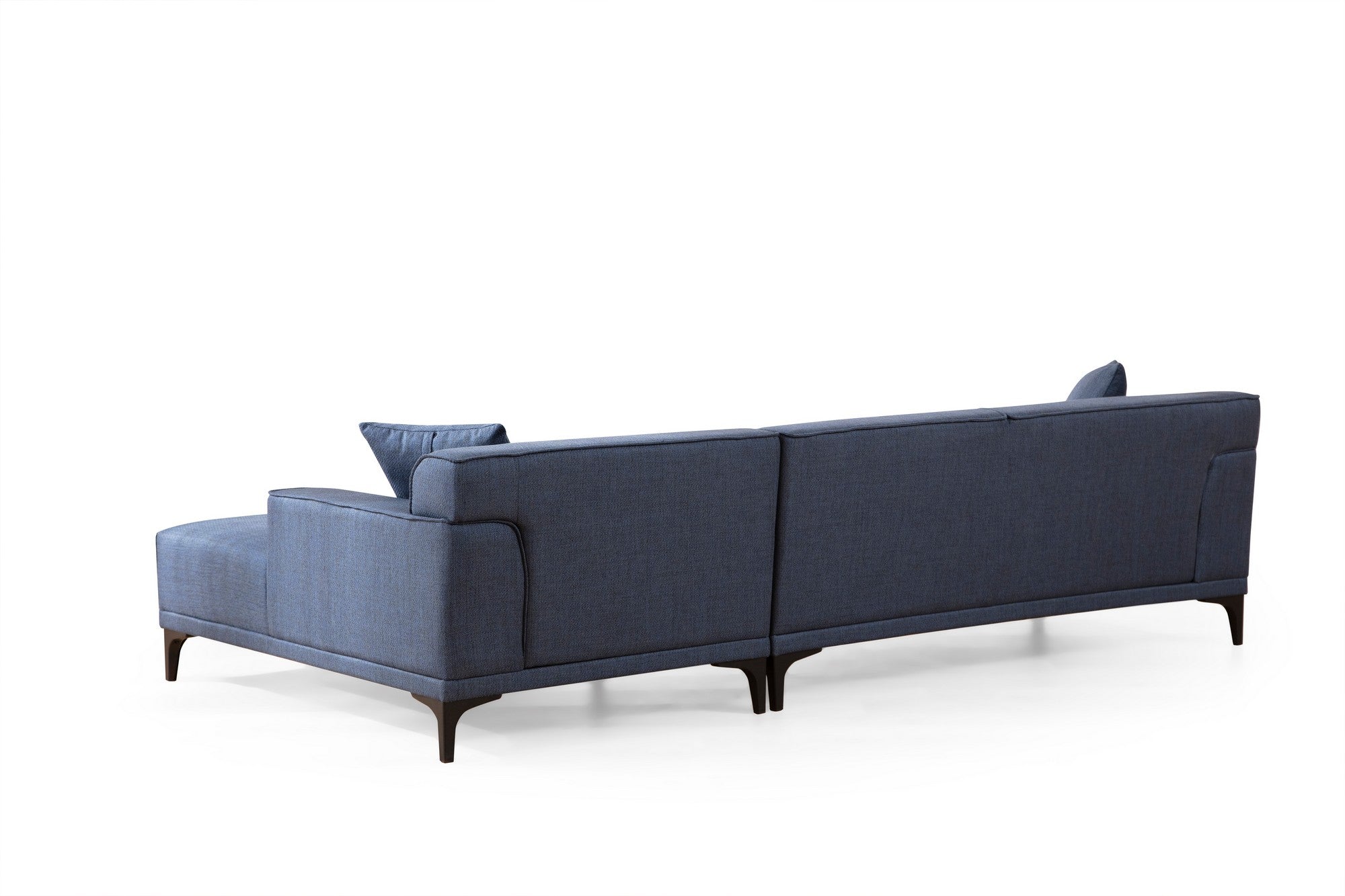Sofá de canto elegante em azul, estrutura de madeira de faia e aglomerado, 145 x 250 cm | 100% poliéster, almofadas fixas, 2 travesseiros incluídos | Design escandinavo moderno