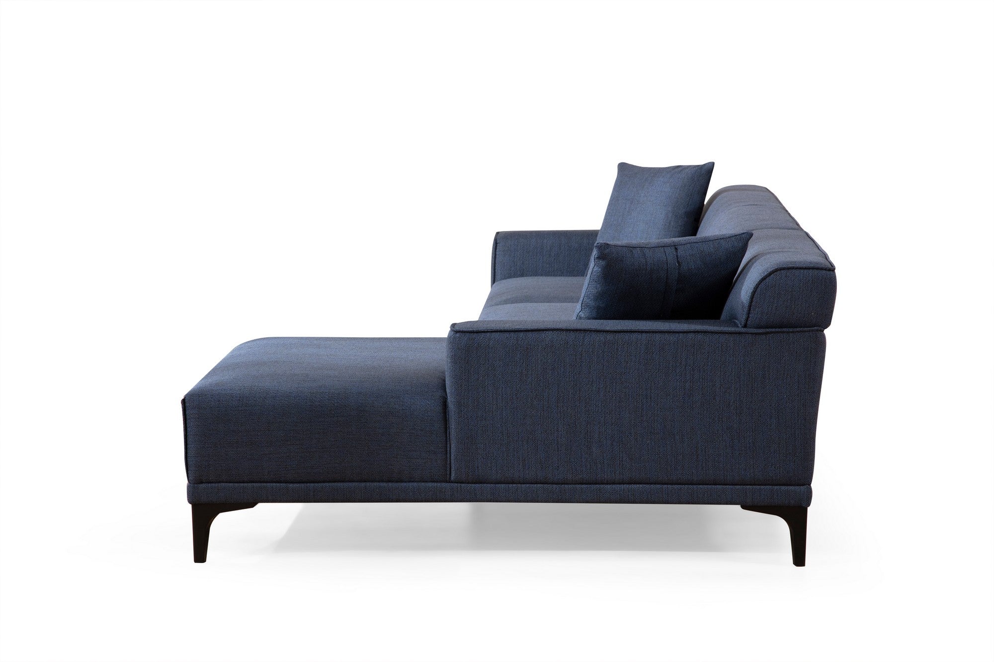 Sofá de canto elegante em azul, estrutura de madeira de faia e aglomerado, 145 x 250 cm | 100% poliéster, almofadas fixas, 2 travesseiros incluídos | Design escandinavo moderno