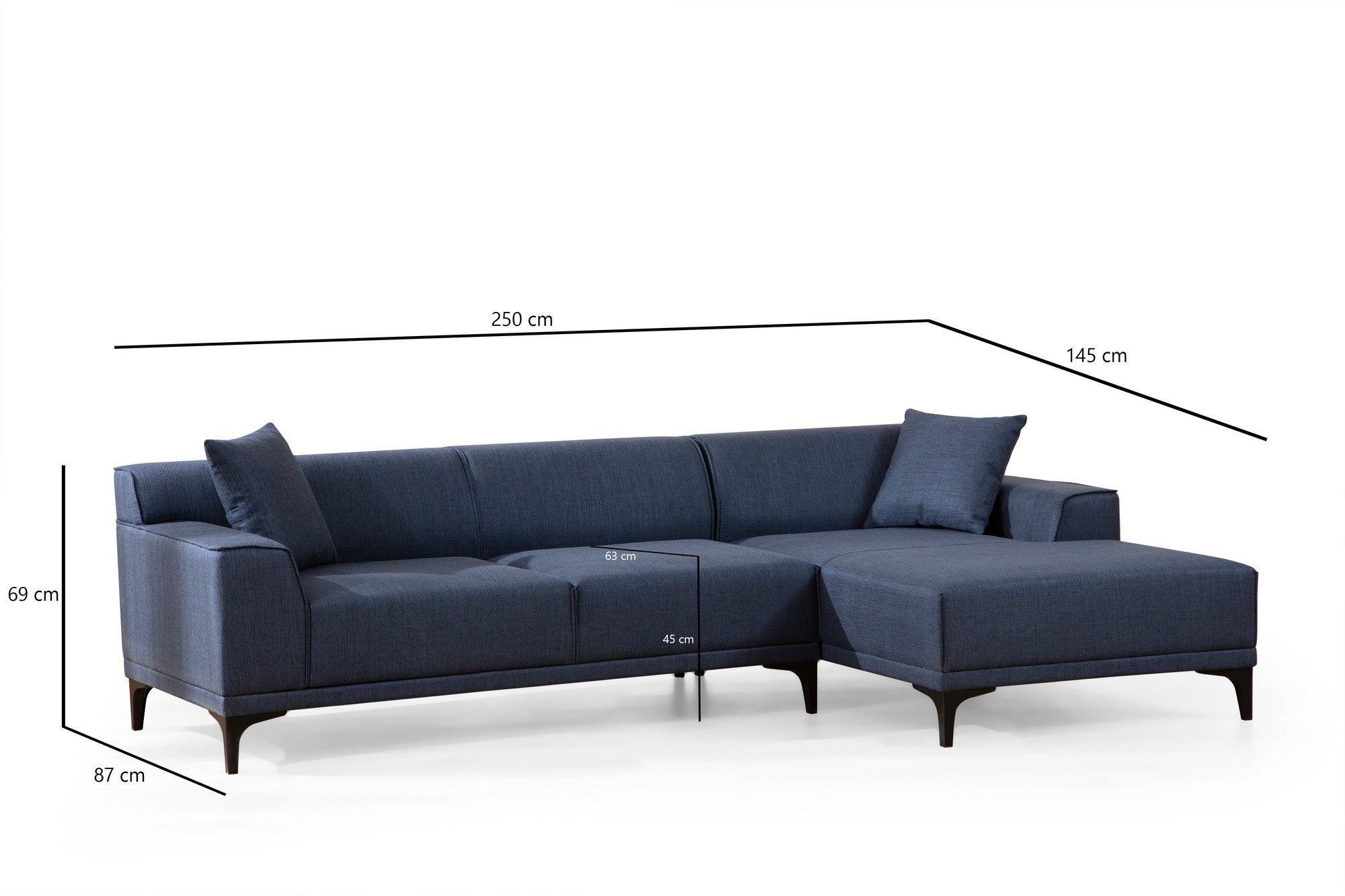 Sofá de canto elegante em azul, estrutura de madeira de faia e aglomerado, 145 x 250 cm | 100% poliéster, almofadas fixas, 2 travesseiros incluídos | Design escandinavo moderno