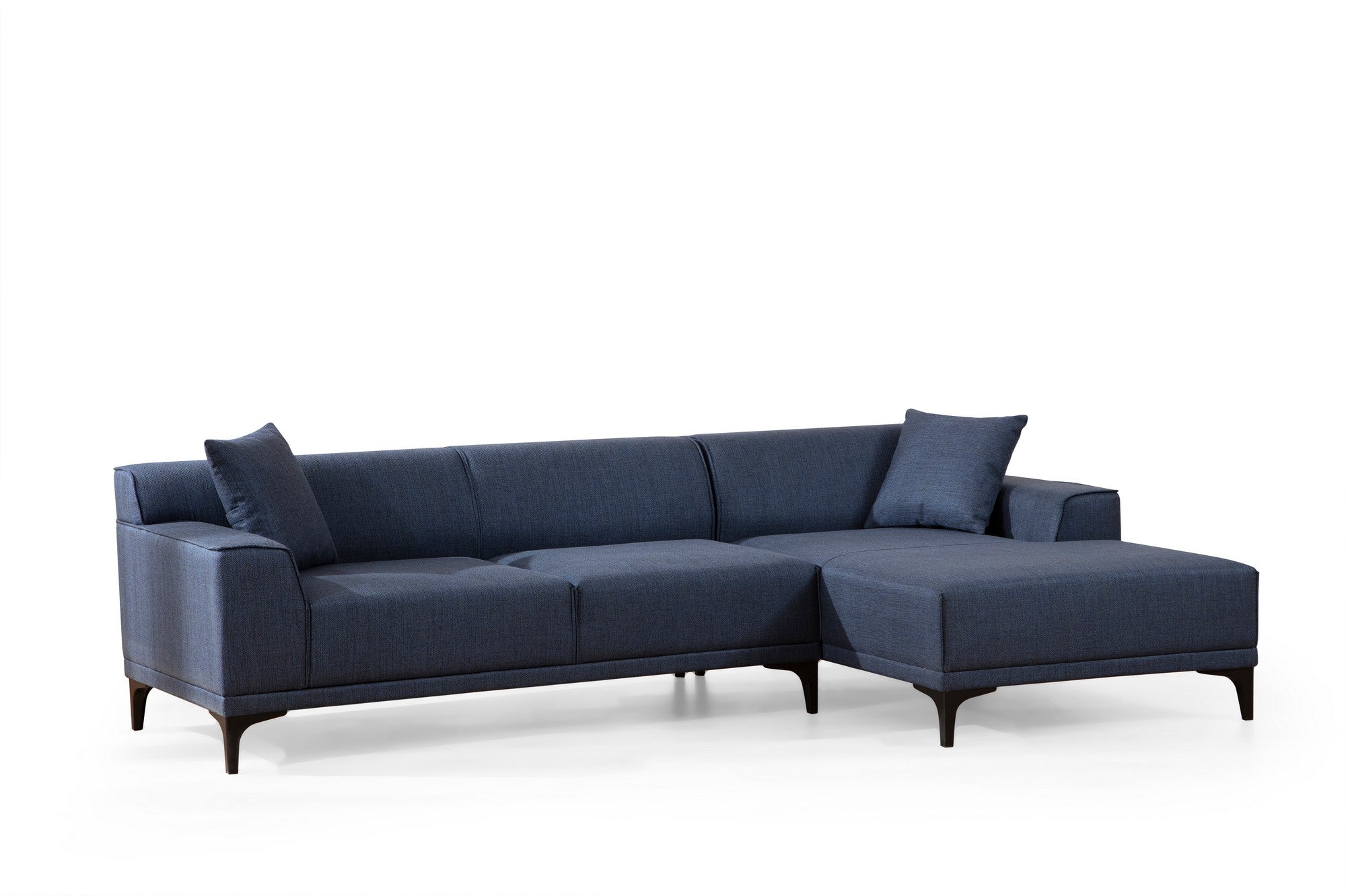 Sofá de canto elegante em azul, estrutura de madeira de faia e aglomerado, 145 x 250 cm | 100% poliéster, almofadas fixas, 2 travesseiros incluídos | Design escandinavo moderno