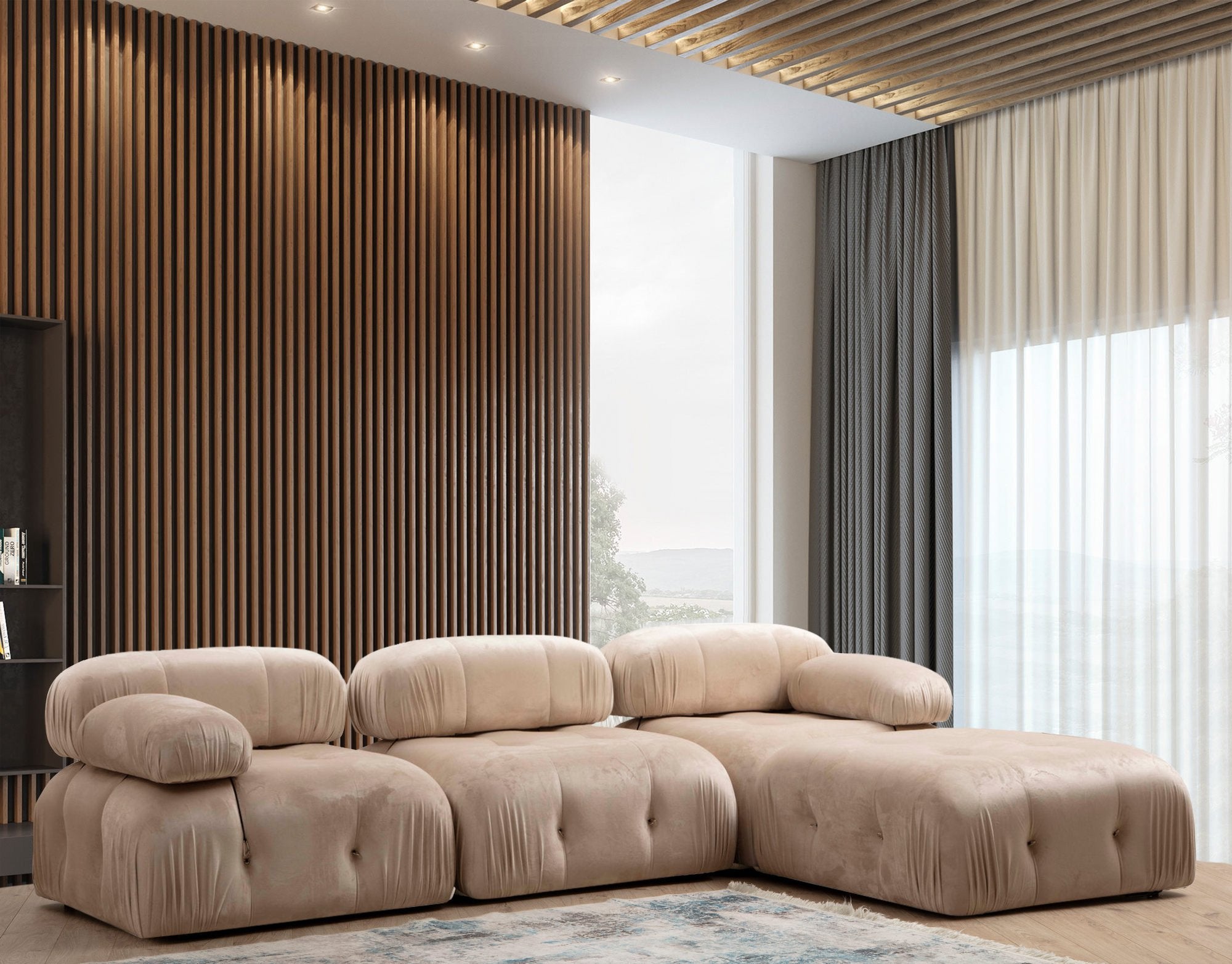 Sofá de canto elegante, cor creme, 288 x 190 x 75 cm | Estrutura em madeira de faia e aglomerado, 100% poliéster, encosto e braço removíveis | Perfeito para decoração escandinava e hoteleira