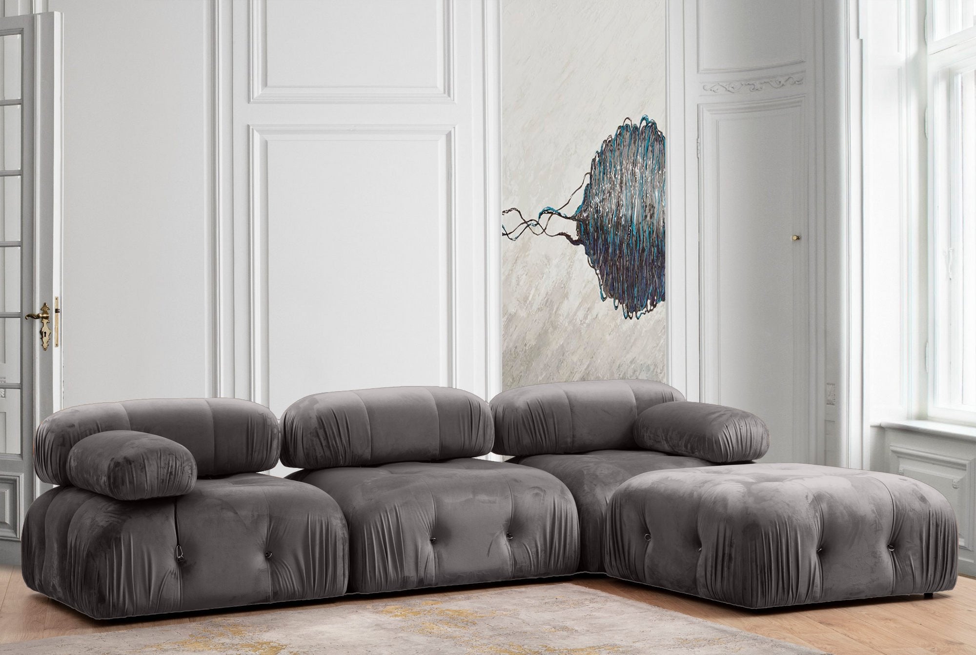 Sofá de canto elegante, cinza, 288 x 190 x 75 cm | Estrutura em madeira de faia e aglomerado, 100% poliéster, encosto e braço removíveis | Perfeito para casas escandinavas modernas