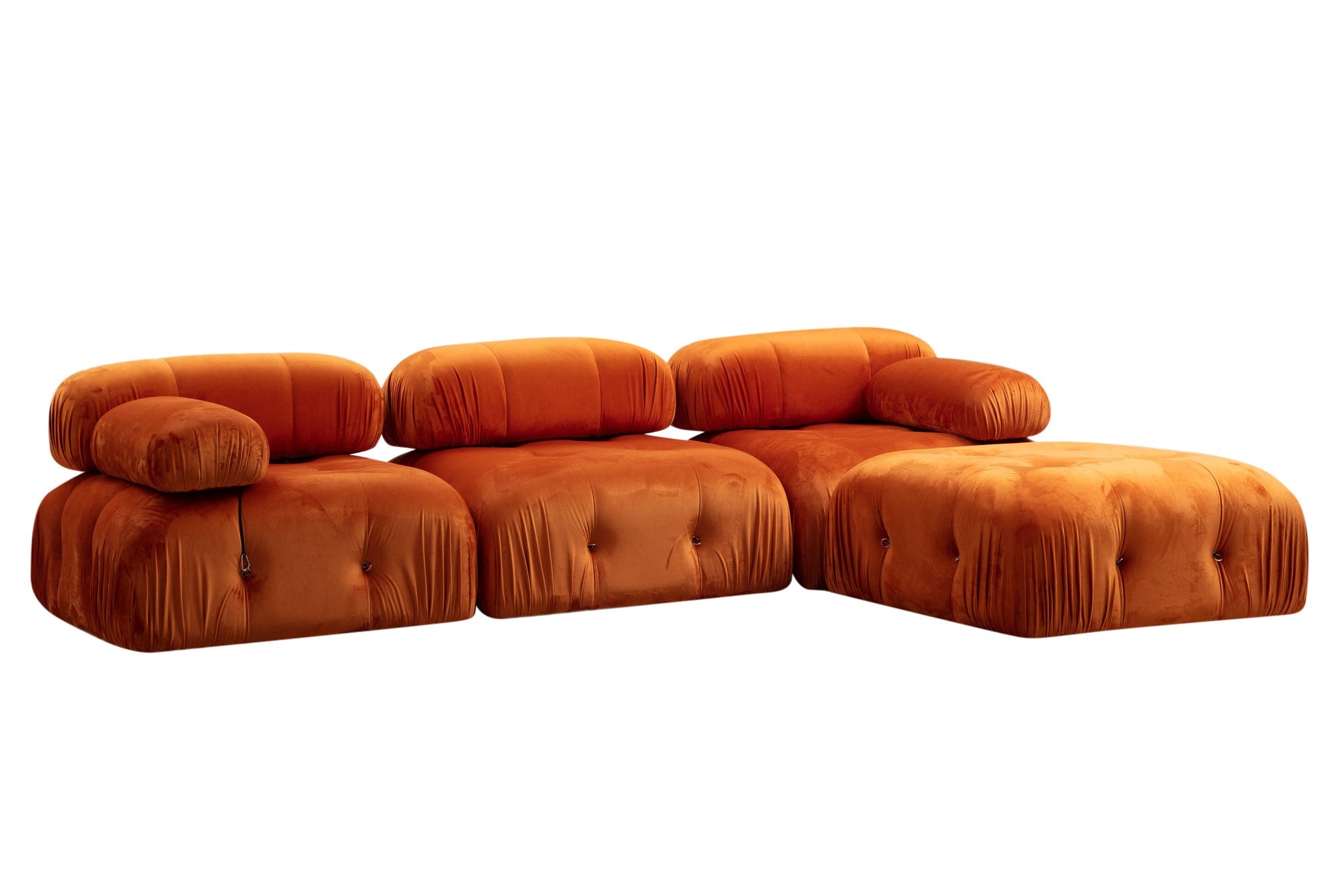 Sofá de canto laranja elegante, 288x190x95 cm | Estrutura em madeira de faia e aglomerado, 100% poliéster, encosto e braço removíveis, conforto em espuma macia | Design moderno para hotéis