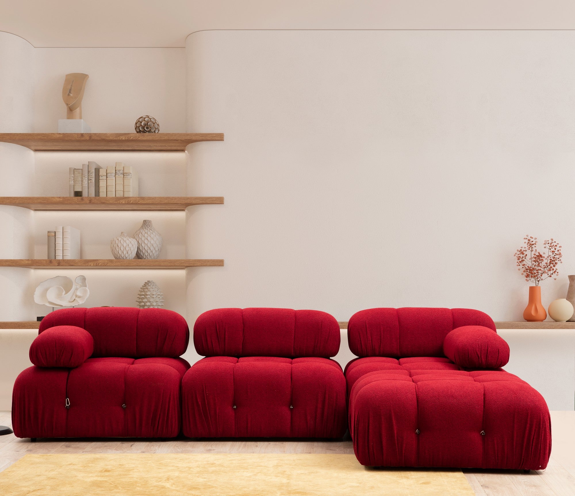 Sofá de canto vermelho elegante, 288 x 190 x 95 cm | Estrutura em madeira de faia e aglomerado, 100% poliéster, encosto e braço removíveis, assento em espuma macia | Perfeito para espaços modernos