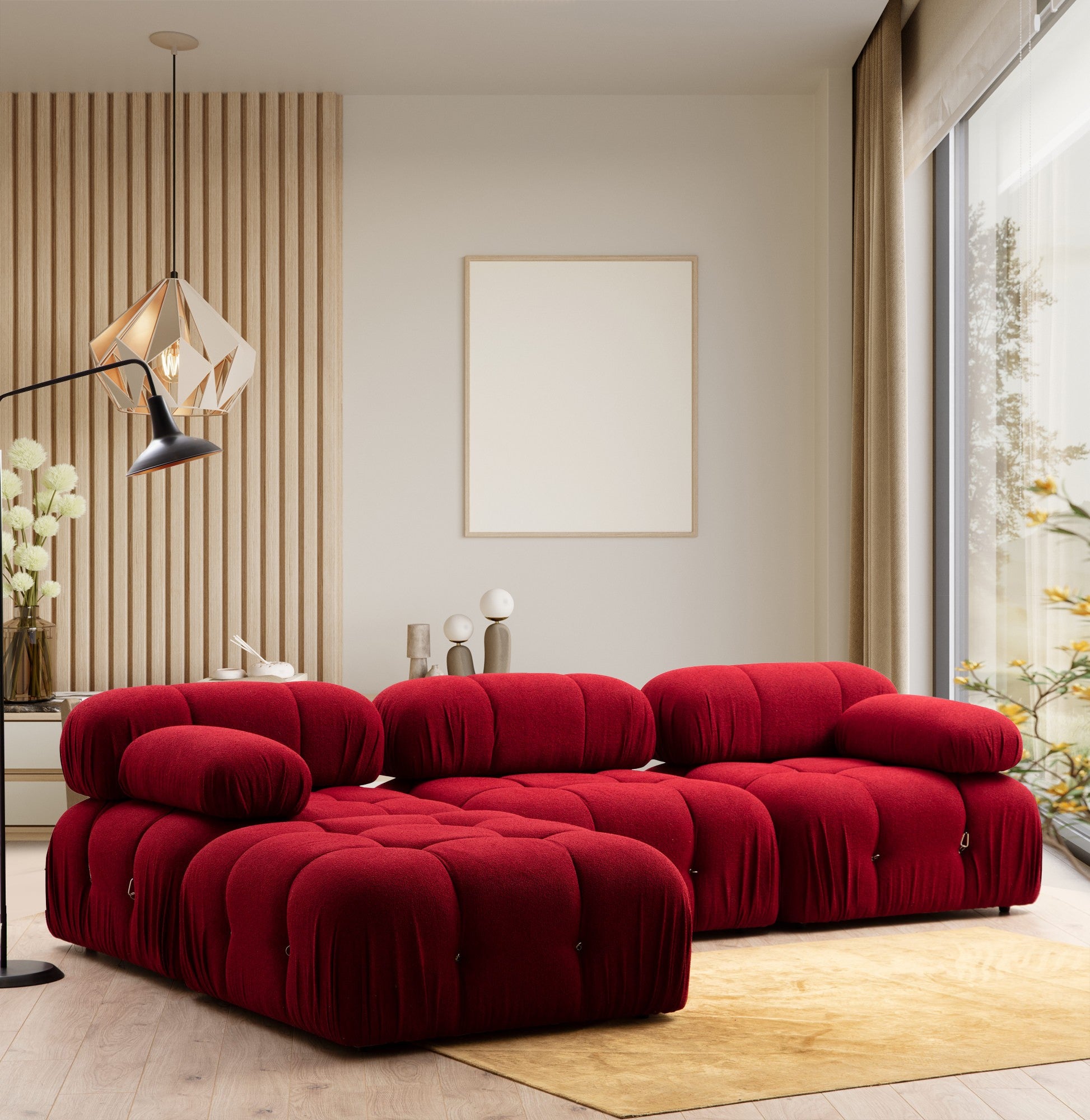 Sofá de canto vermelho elegante, 288 x 190 x 95 cm | Estrutura em madeira de faia e aglomerado, 100% poliéster, encosto e braço removíveis, assento em espuma macia | Perfeito para espaços modernos