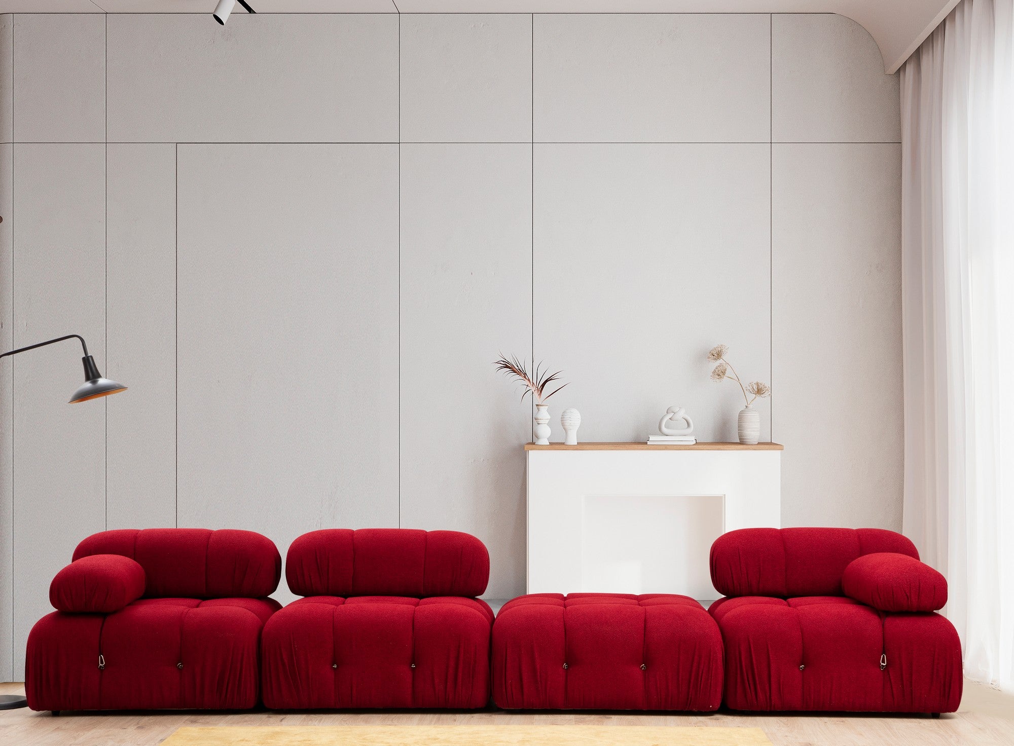 Sofá de canto vermelho elegante, 288 x 190 x 95 cm | Estrutura em madeira de faia e aglomerado, 100% poliéster, encosto e braço removíveis, assento em espuma macia | Perfeito para espaços modernos