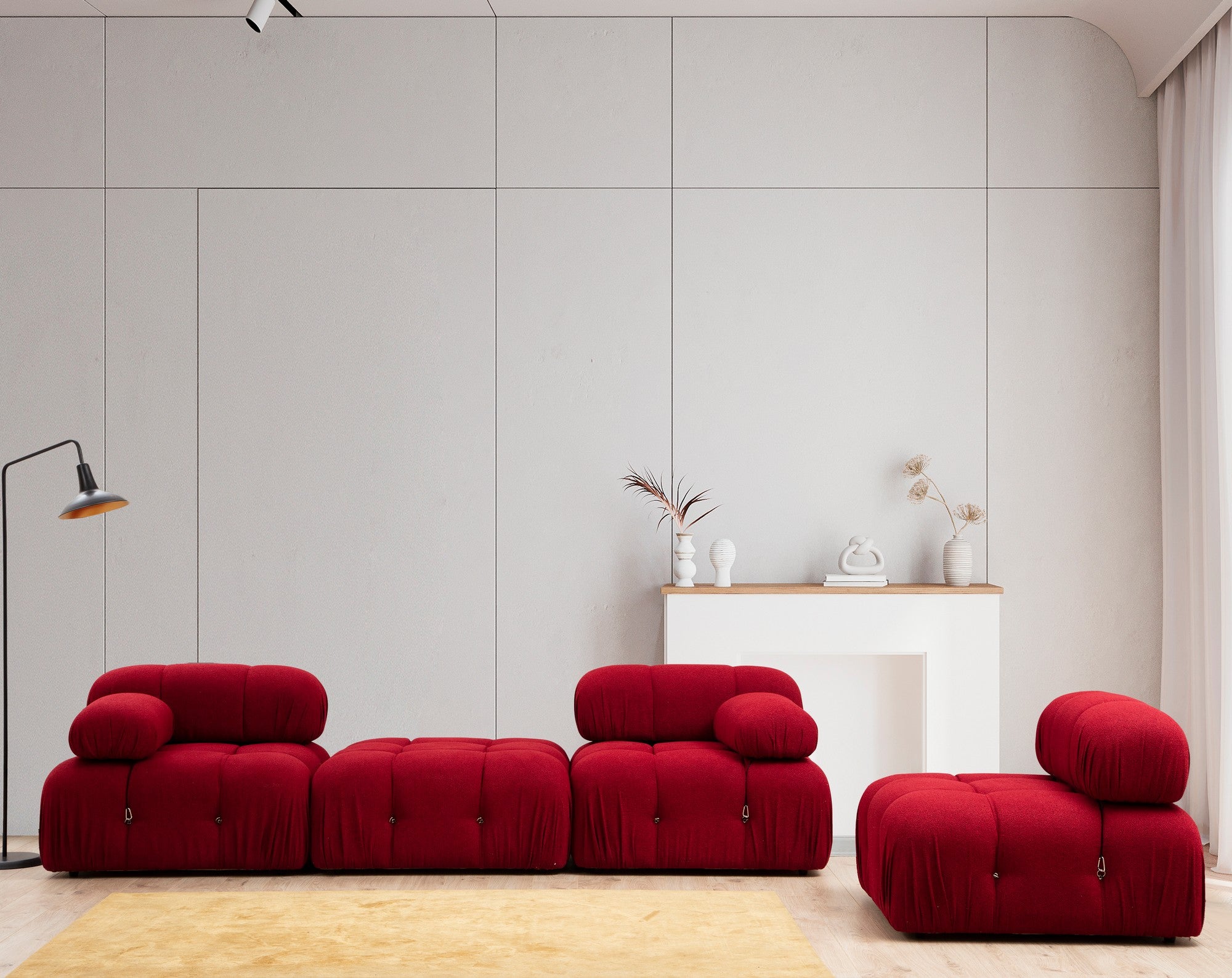 Sofá de canto vermelho elegante, 288 x 190 x 95 cm | Estrutura em madeira de faia e aglomerado, 100% poliéster, encosto e braço removíveis, assento em espuma macia | Perfeito para espaços modernos
