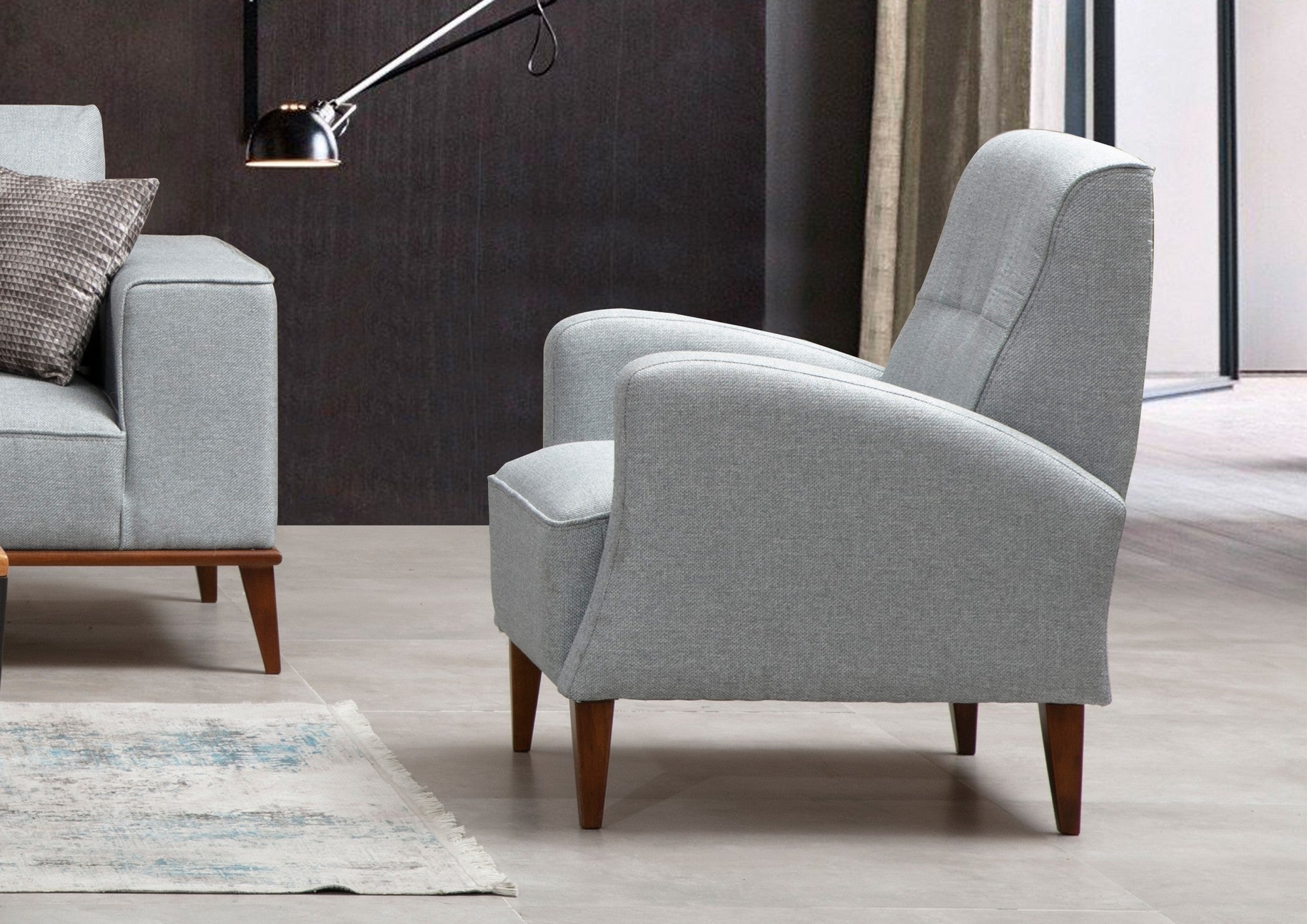 Poltrona Elegante, Poliéster Cinza, 76 x 72 x 92 cm | Pernas de Madeira de Faia e Nogueira, Espuma Macia e Suporte de Mola | Perfeita para Decoração Escandinava e Hoteleira