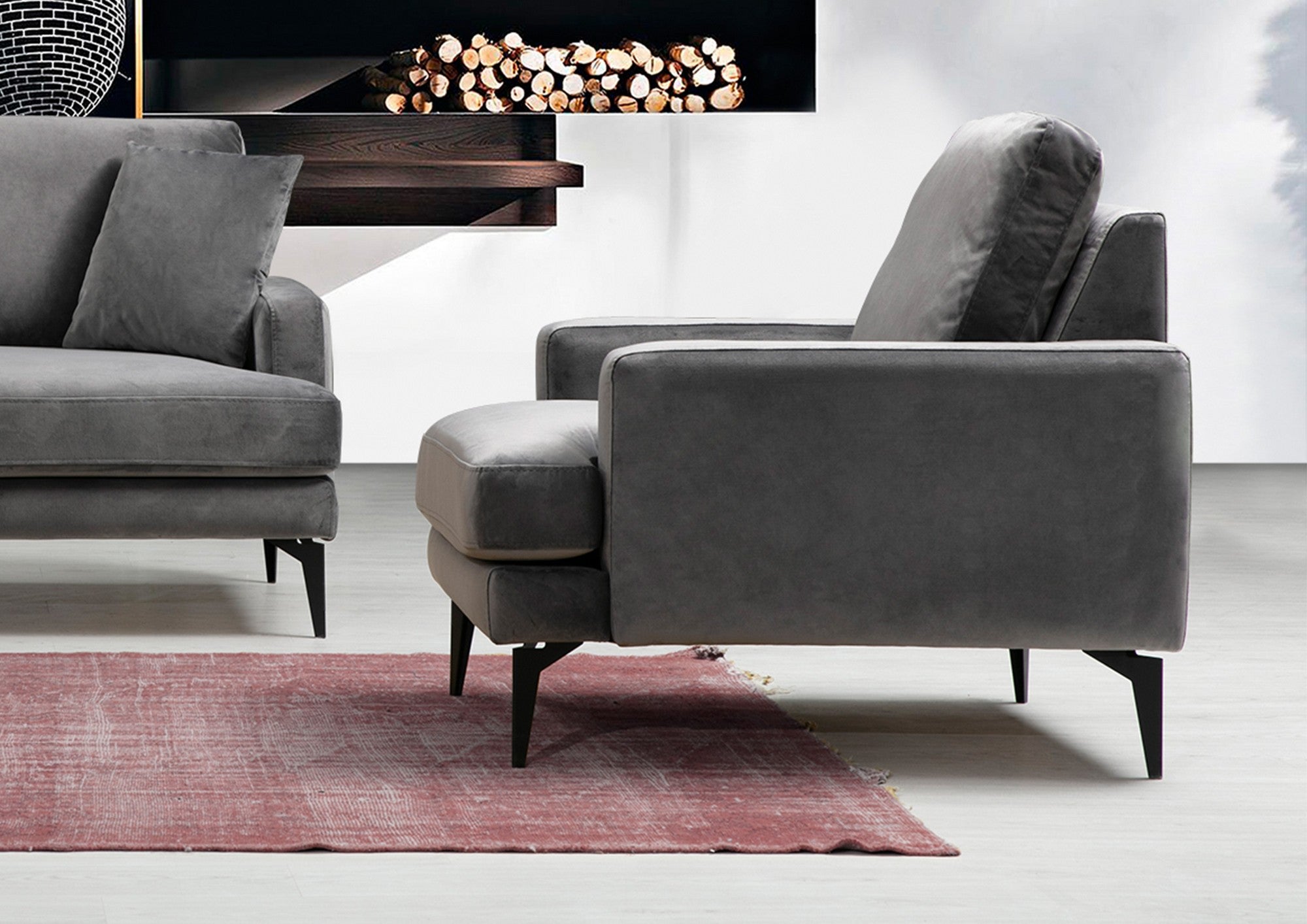 Poltrona de orelhas estilosa, antracite, 80 x 90 x 88 cm | Estrutura em madeira de faia e aglomerado, 100% poliéster, espuma cinza macia | Design industrial moderno com pernas pretas foscas
