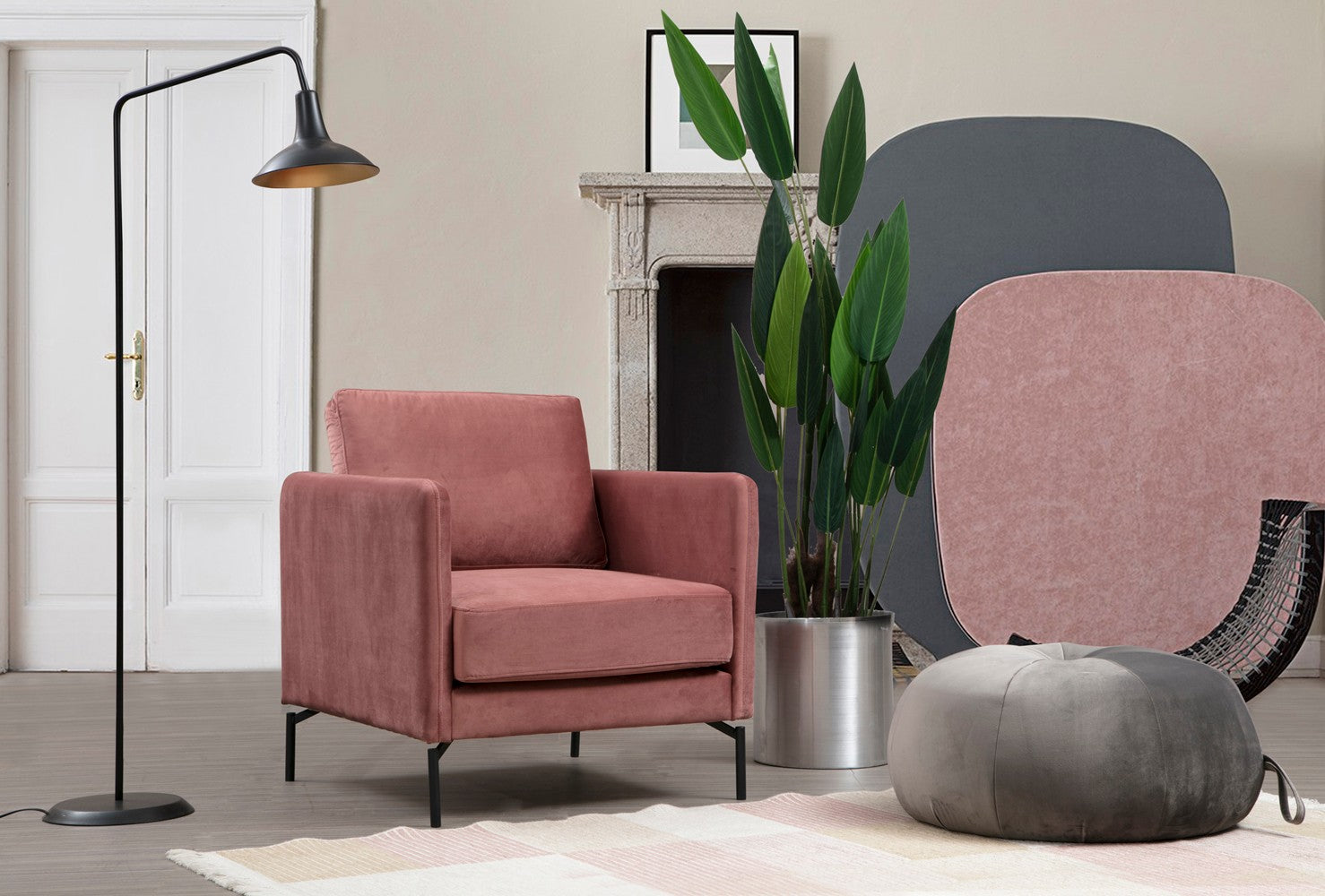 Poltrona Elegante Rosa, Estrutura em Madeira de Faia e Aglomerado, 81x87x90 cm | Tecido 100% Poliéster Macio, Pernas em Metal Preto Fosco | Perfeita para Decoração Industrial e Hoteleira Moderna