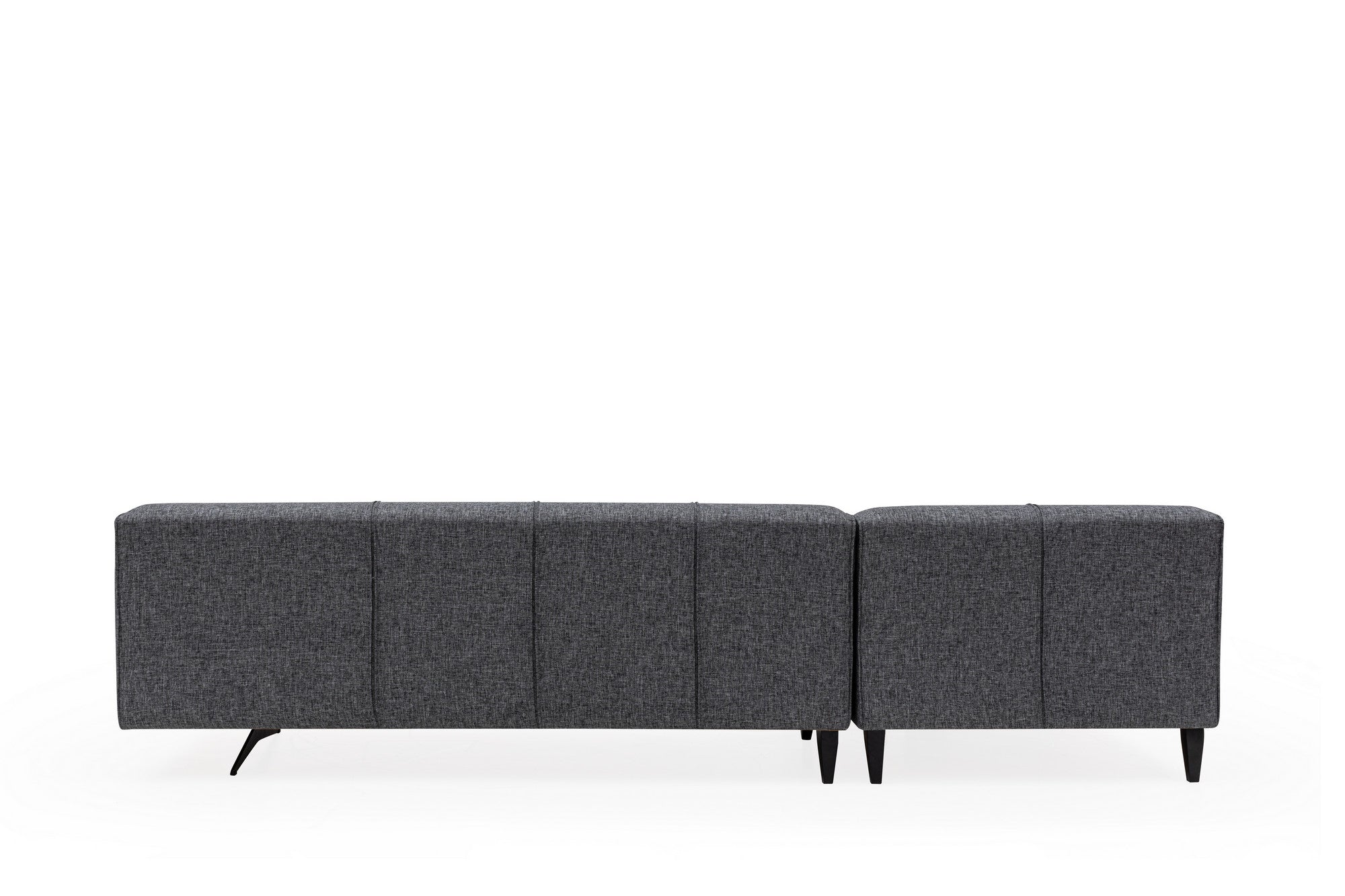 Sofá de canto elegante, tecido cinza, 198 x 308 cm | Estrutura em madeira de faia e aglomerado, capacidade de 300 kg | Inclui 3 almofadas, pernas de metal preto fosco | Design industrial moderno