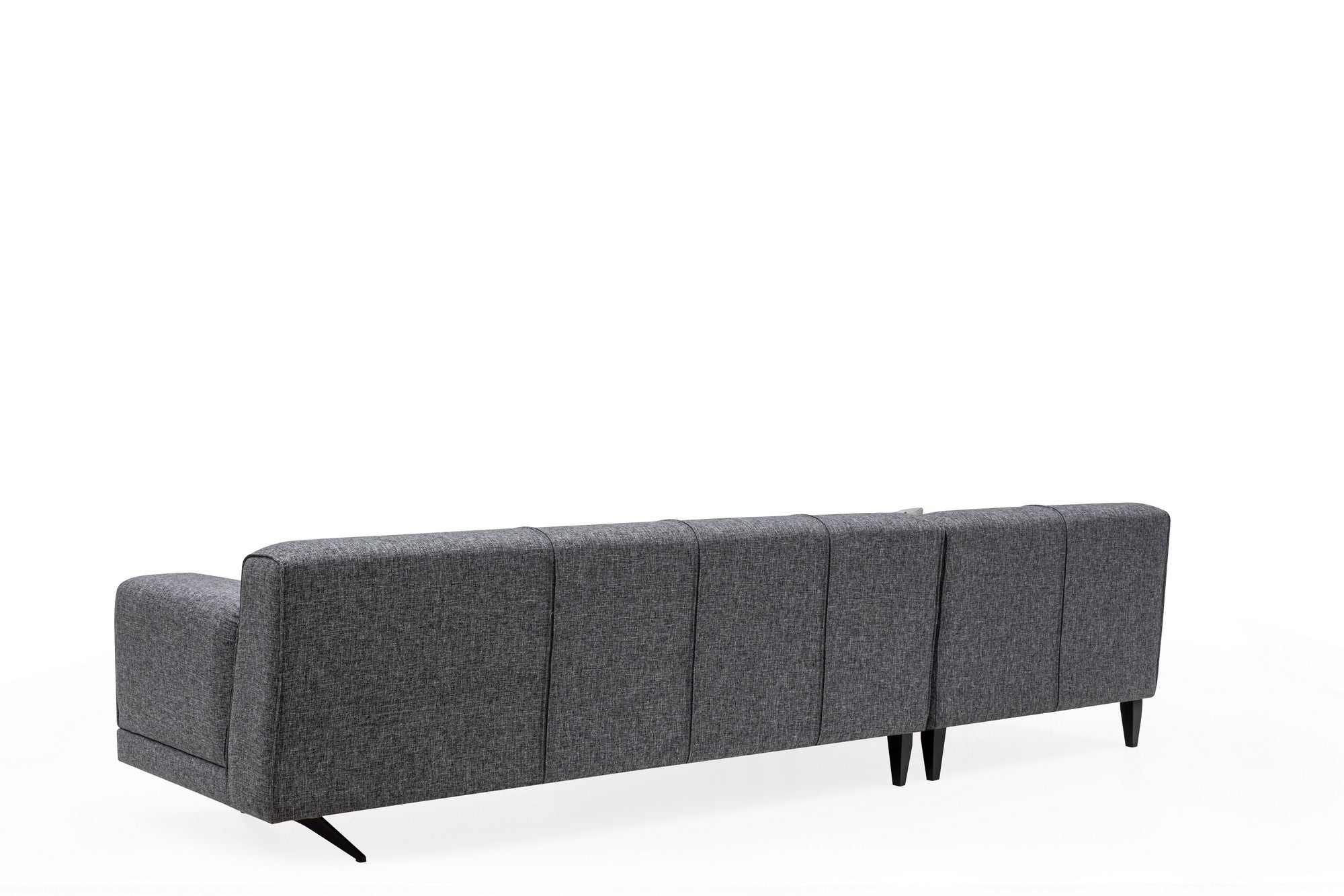 Sofá de canto elegante, tecido cinza, 198 x 308 cm | Estrutura em madeira de faia e aglomerado, capacidade de 300 kg | Inclui 3 almofadas, pernas de metal preto fosco | Design industrial moderno