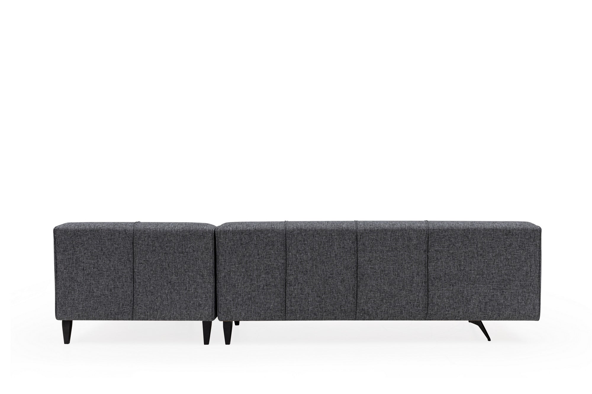 Sofá de canto elegante, tecido cinza, 308 x 198 x 78 cm | Estrutura em madeira de faia e aglomerado, 5 almofadas, pernas de metal preto fosco | Perfeito para espaços modernos