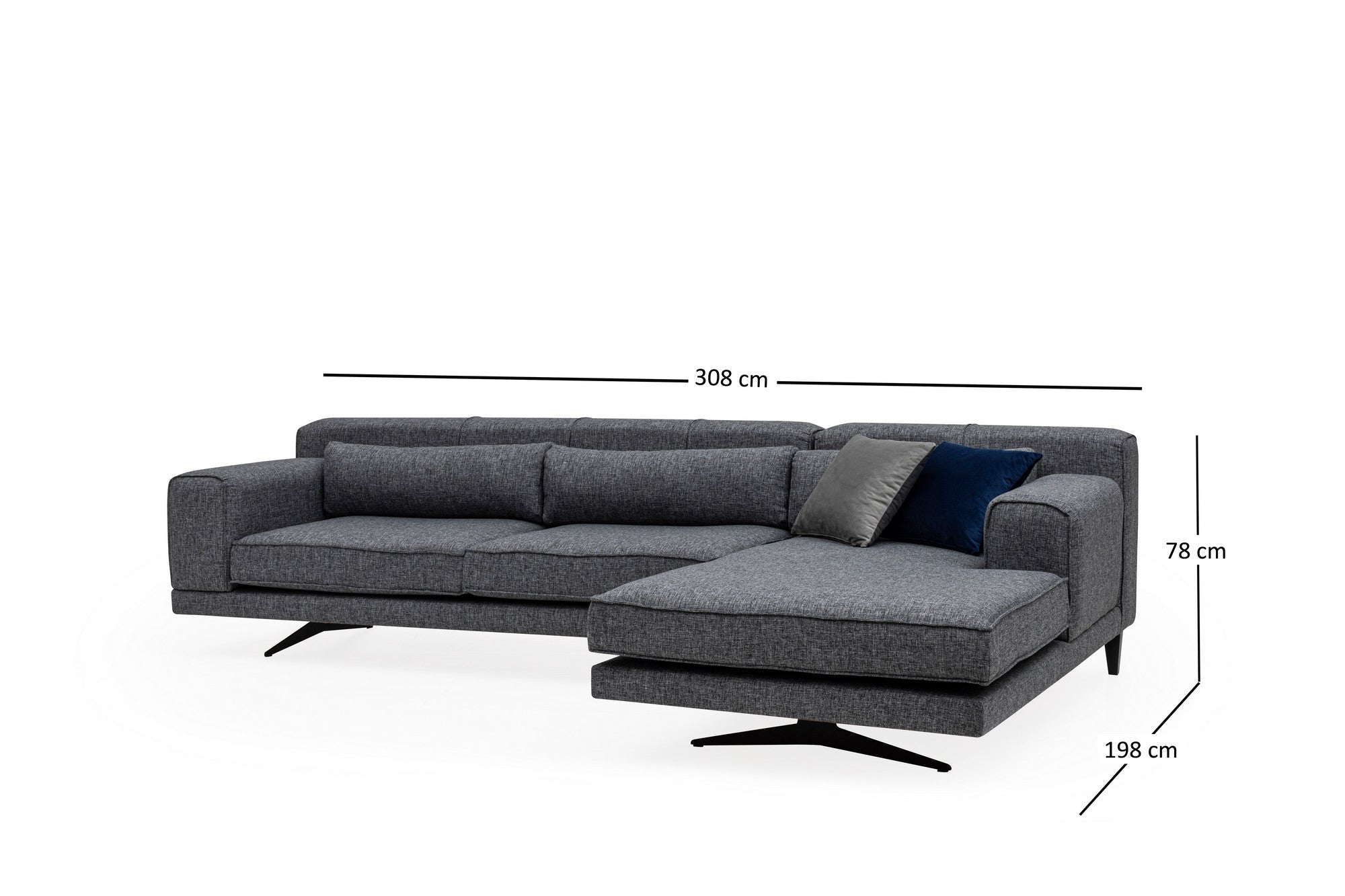 Sofá de canto elegante, tecido cinza, 308 x 198 x 78 cm | Estrutura em madeira de faia e aglomerado, 5 almofadas, pernas de metal preto fosco | Perfeito para espaços modernos