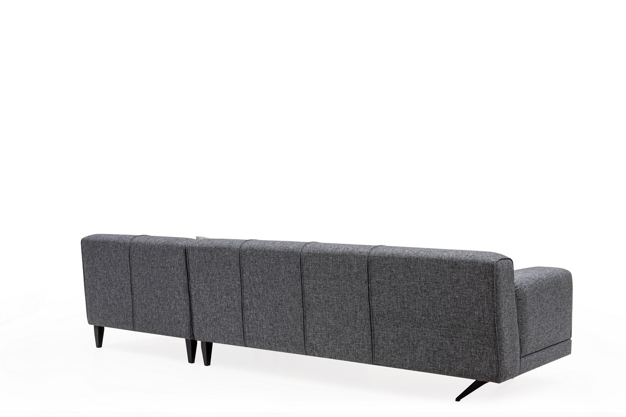 Sofá de canto elegante, tecido cinza, 308 x 198 x 78 cm | Estrutura em madeira de faia e aglomerado, 5 almofadas, pernas de metal preto fosco | Perfeito para espaços modernos