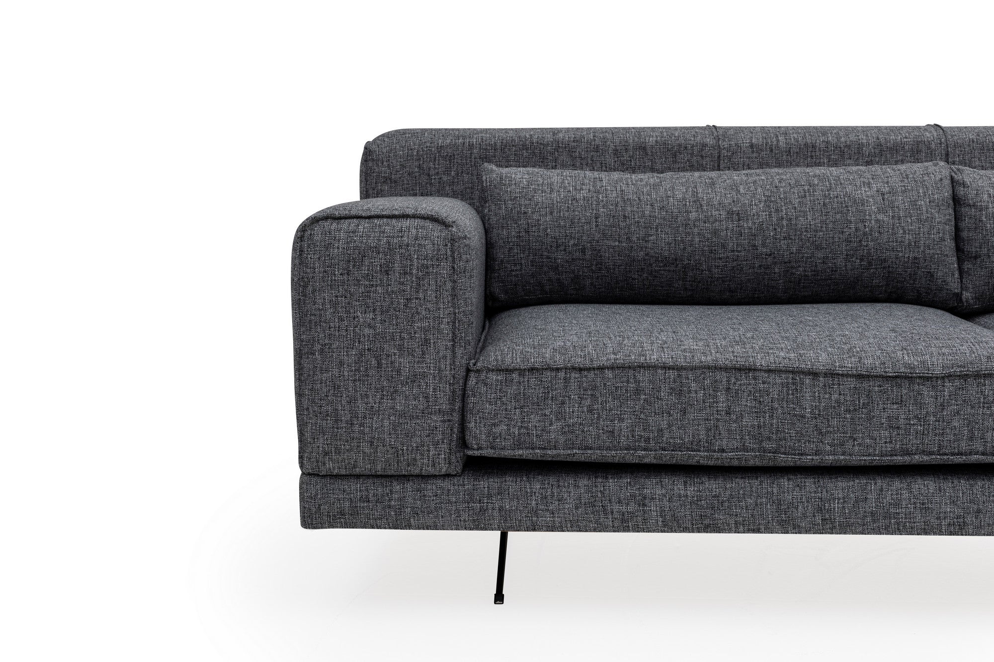 Sofá de canto elegante, tecido cinza, 308 x 198 x 78 cm | Estrutura em madeira de faia e aglomerado, 5 almofadas, pernas de metal preto fosco | Perfeito para espaços modernos