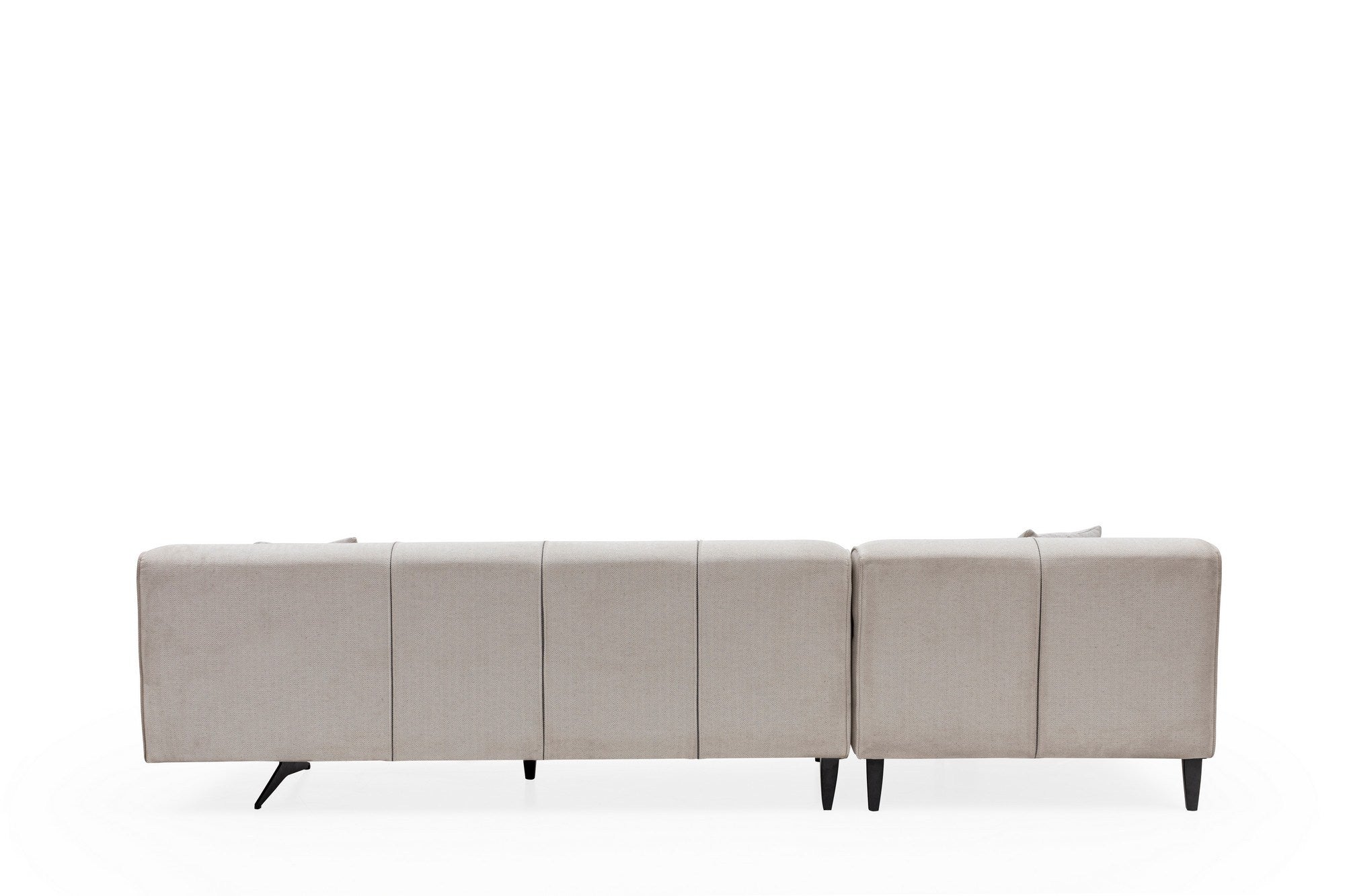 Sofá de canto bege, 198 x 308 cm, estrutura em madeira de faia e aglomerado, 100% poliéster, 5 almofadas, pernas de metal preto fosco, design escandinavo moderno, capacidade para 300 kg