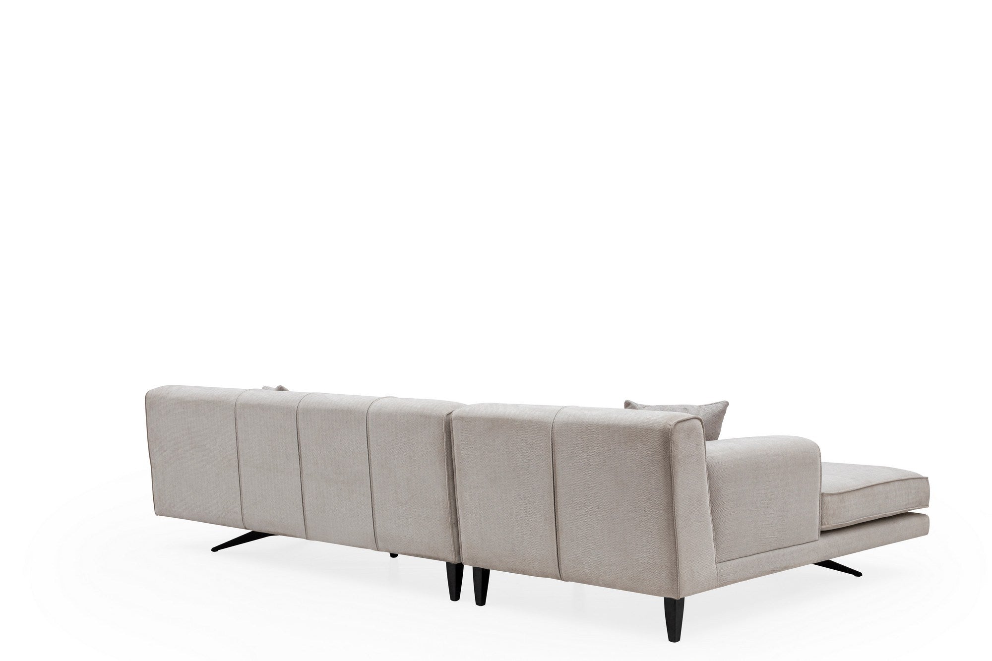 Sofá de canto bege, 198 x 308 cm, estrutura em madeira de faia e aglomerado, 100% poliéster, 5 almofadas, pernas de metal preto fosco, design escandinavo moderno, capacidade para 300 kg