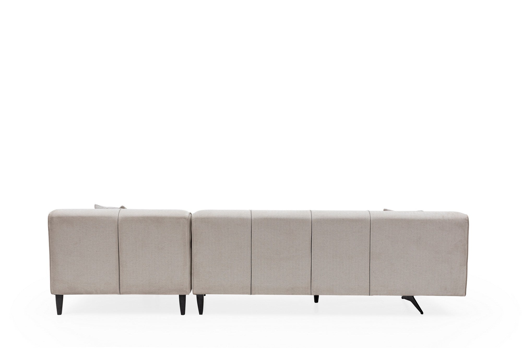 Sofá de canto bege, 308 x 198 cm, estrutura em madeira de faia e aglomerado, 100% poliéster, 5 almofadas, pernas de metal preto fosco, design escandinavo moderno, capacidade para 300 kg
