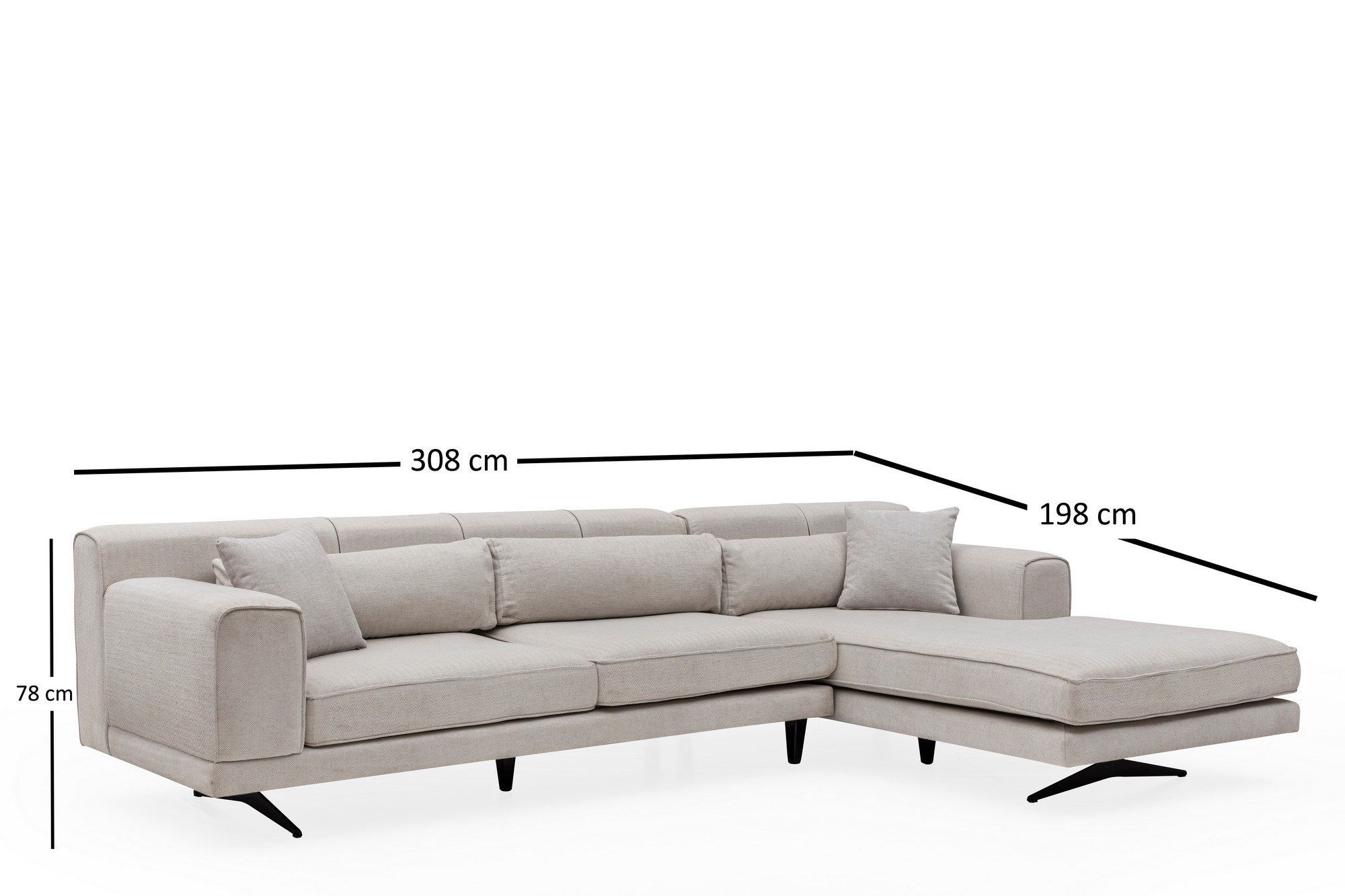 Sofá de canto bege, 308 x 198 cm, estrutura em madeira de faia e aglomerado, 100% poliéster, 5 almofadas, pernas de metal preto fosco, design escandinavo moderno, capacidade para 300 kg