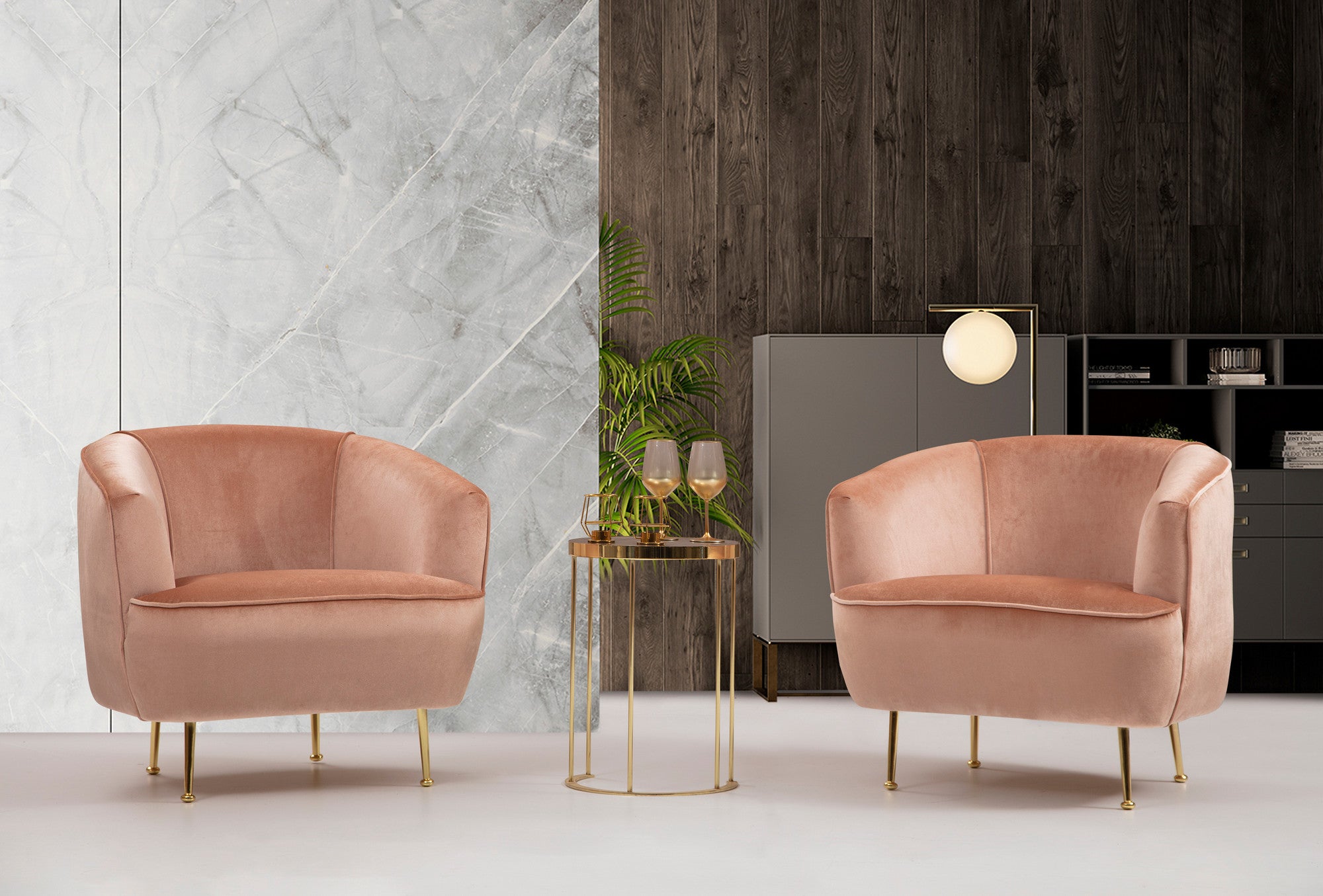 Poltrona Elegante Rosa, Estrutura em Madeira de Faia e Aglomerado, 83x72x75 cm | 100% Poliéster, Tecido Lavável a Seco, Pernas de Metal Pintadas de Dourado | Estilo Glamour e Hoteleiro