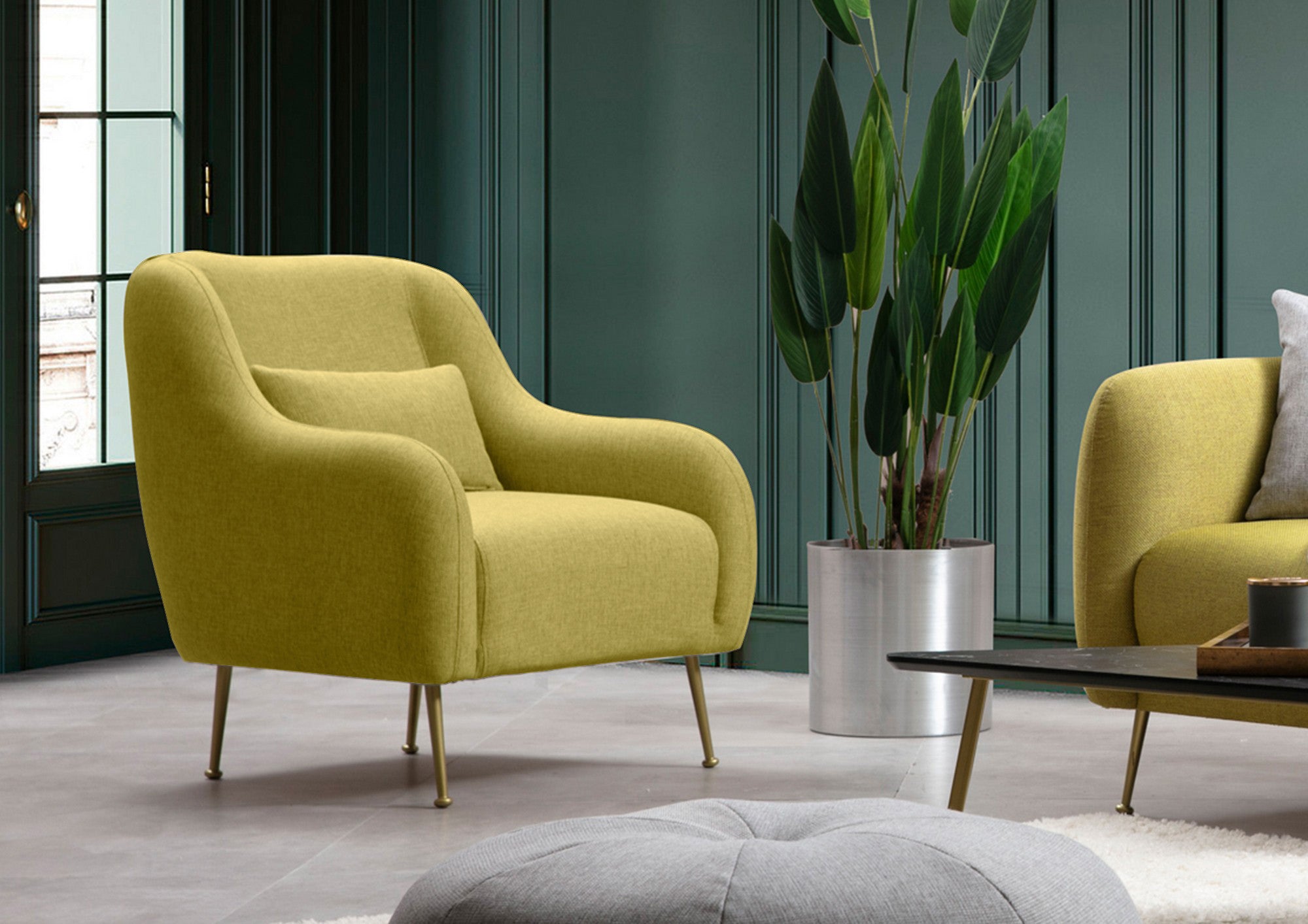 Poltrona Elegante, Amarela, Estrutura em Madeira de Faia e Aglomerado, 78x90x89 cm | 100% Poliéster, Espuma Macia e Almofadas de Penas | Design Escandinavo Moderno