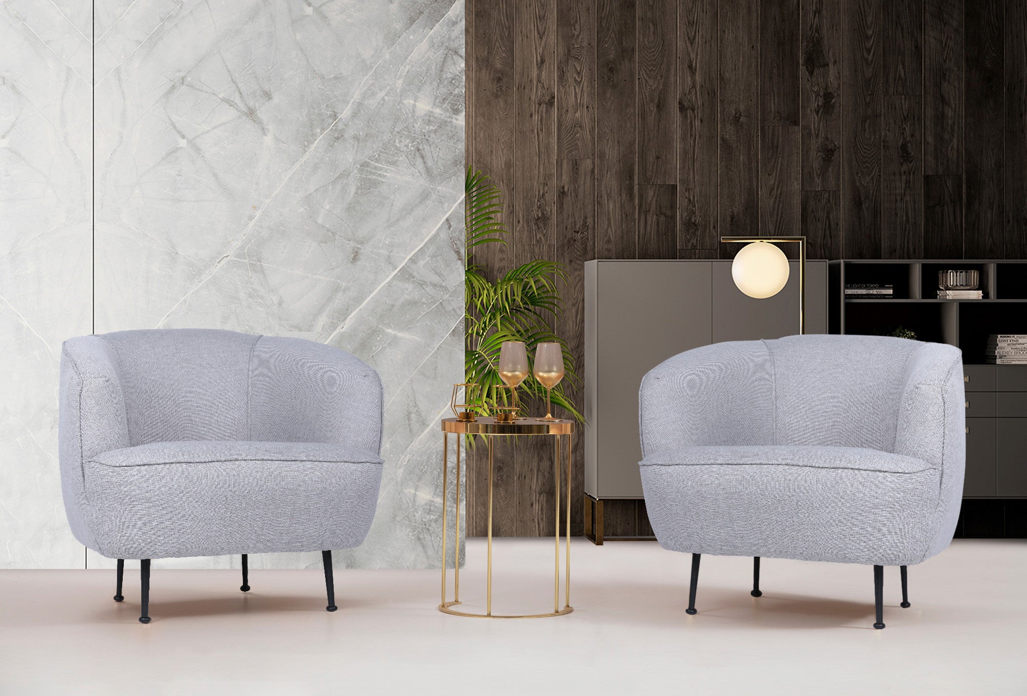 Poltrona de orelhas estilosa, cinza claro, 83 x 72 x 75 cm | Estrutura em madeira de faia e aglomerado, linho 100% poliéster, pernas em metal preto fosco | Perfeita para espaços modernos e industriais