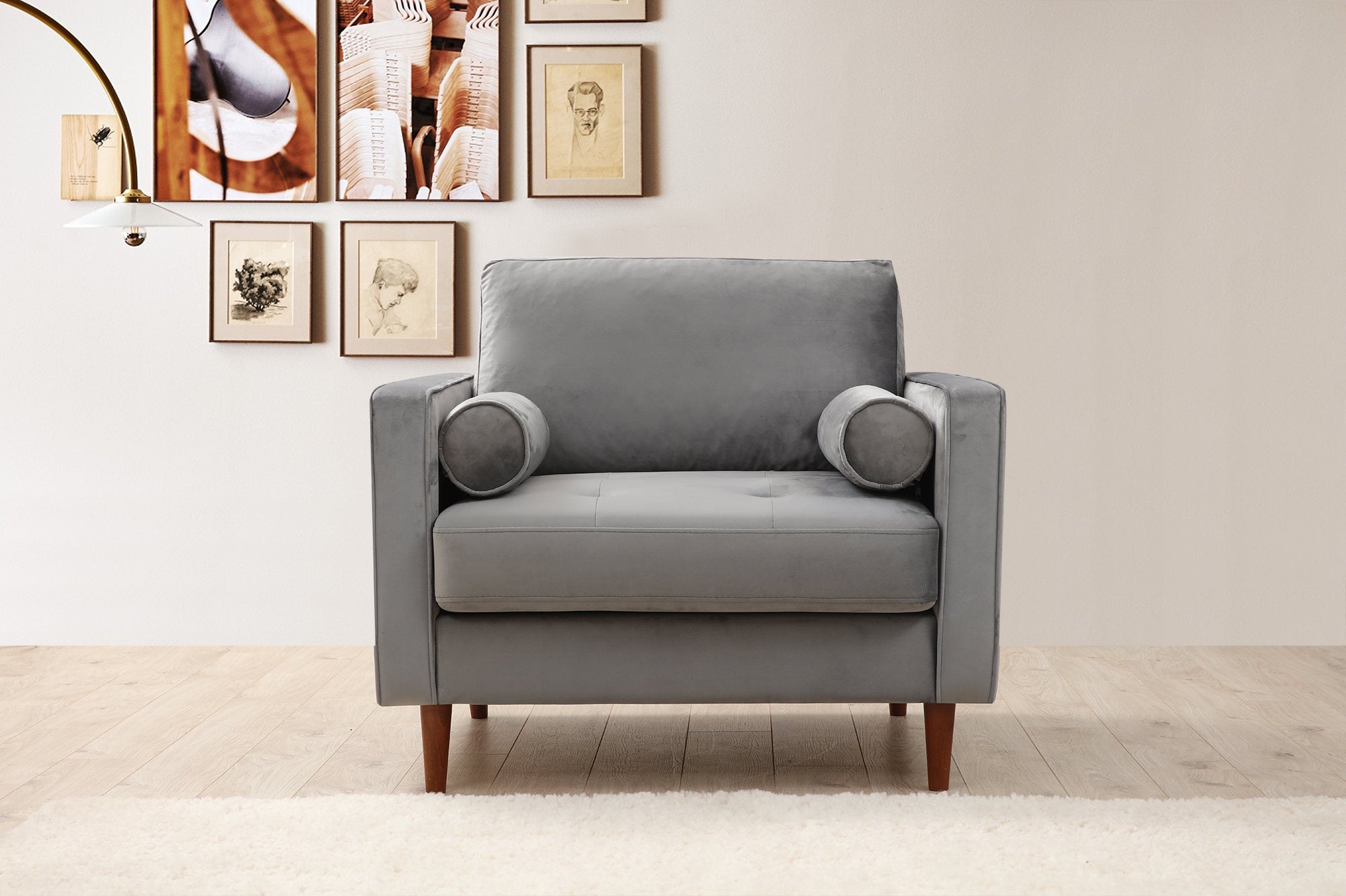 Poltrona Elegante, Cinza Claro, Estrutura em Madeira de Faia e Aglomerado, 105x85x90 cm | 100% Poliéster, 2 Almofadas Inclusas | Design Escandinavo para Casas Modernas