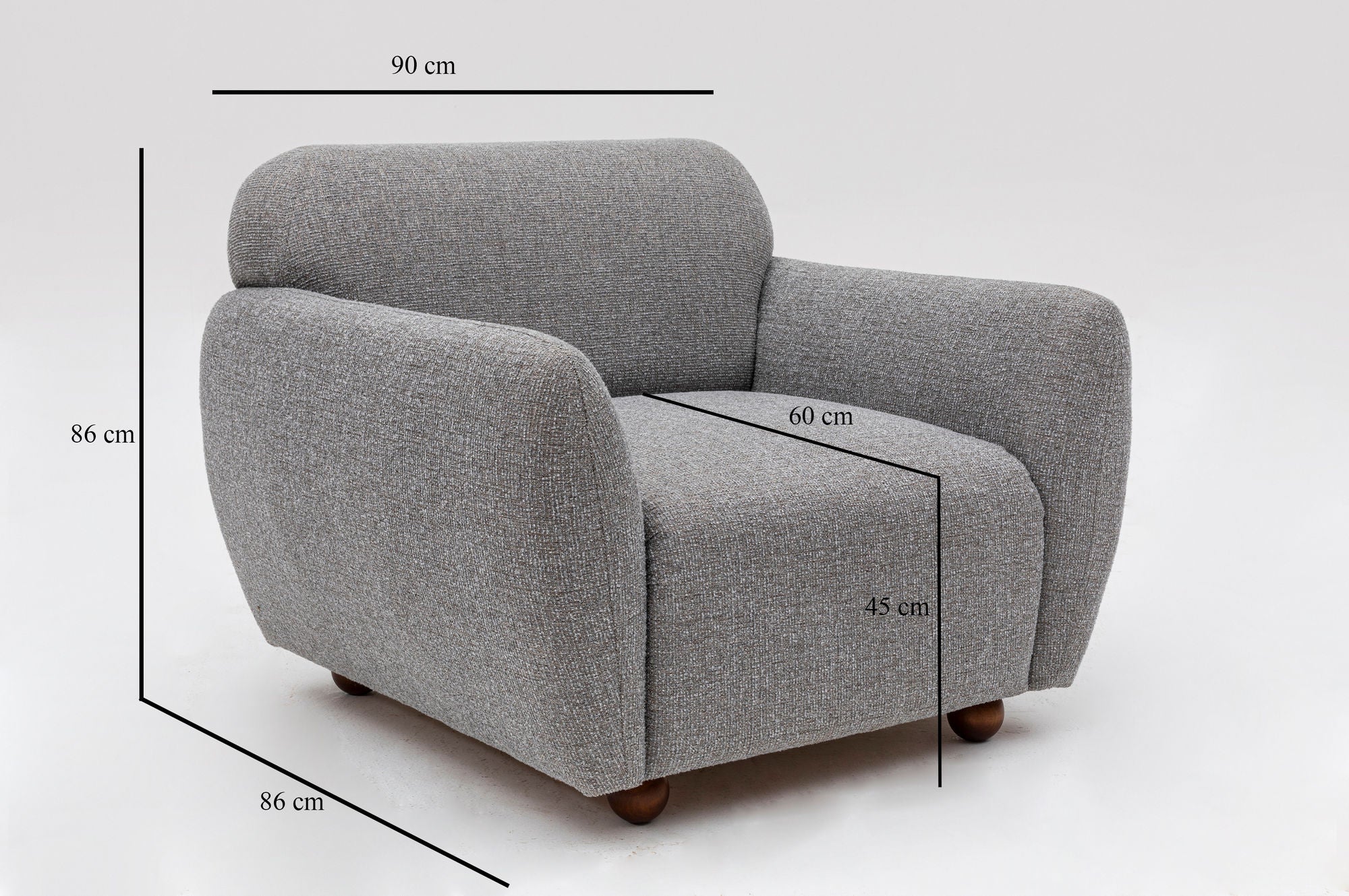 Poltrona Elegante, Cinza Claro, 90 x 86 x 86 cm | Estrutura em madeira de faia e aglomerado, 100% poliéster, pernas em nogueira | Perfeita para decoração escandinava e hoteleira