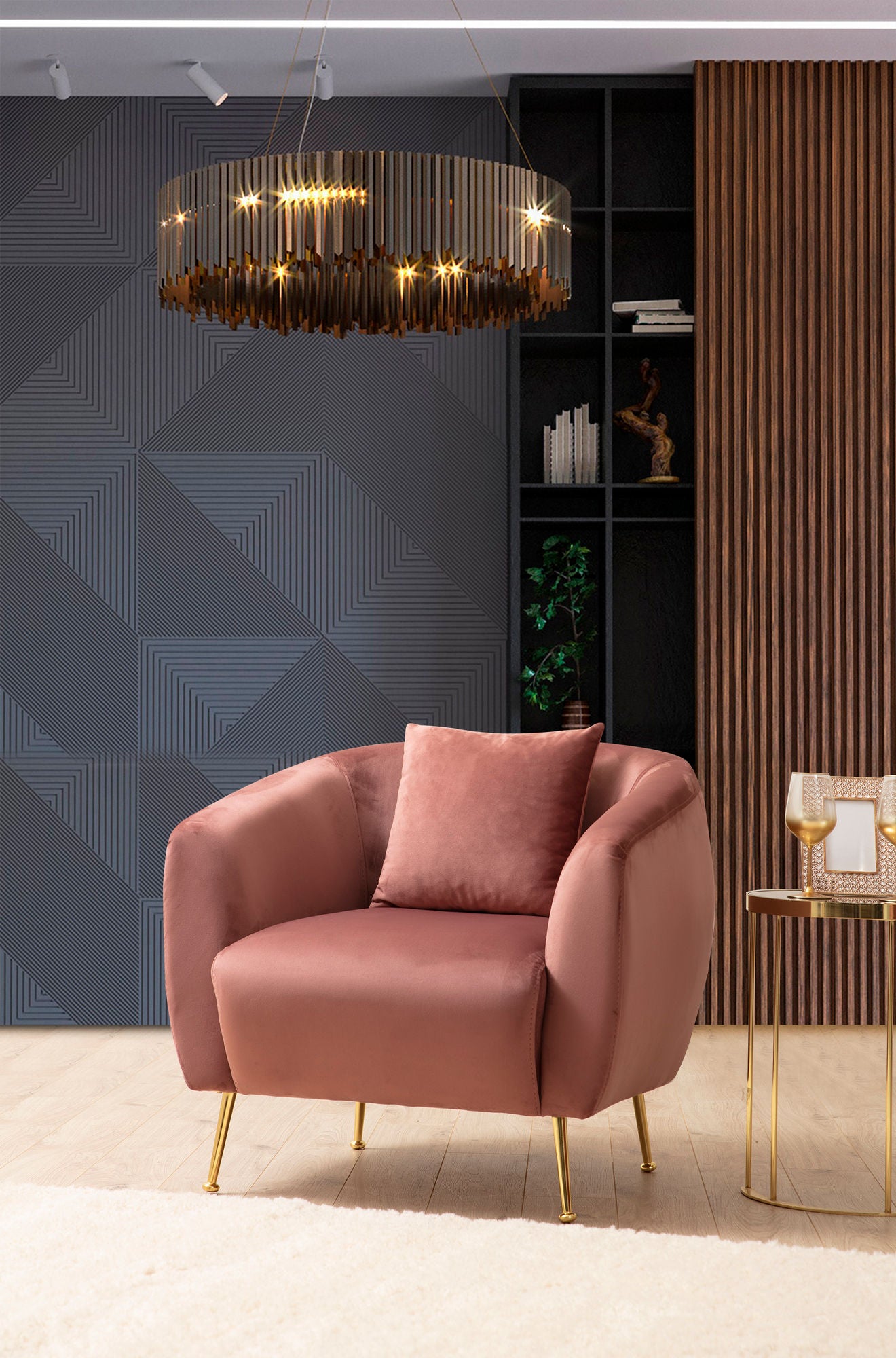 Poltrona Elegante Rosa com Estrutura em Madeira de Faia e Pernas de Metal Dourado, 70x82x82 cm | 100% Poliéster, Espuma Macia e Almofadas de Penas | Perfeita para Decoração Glamourosa