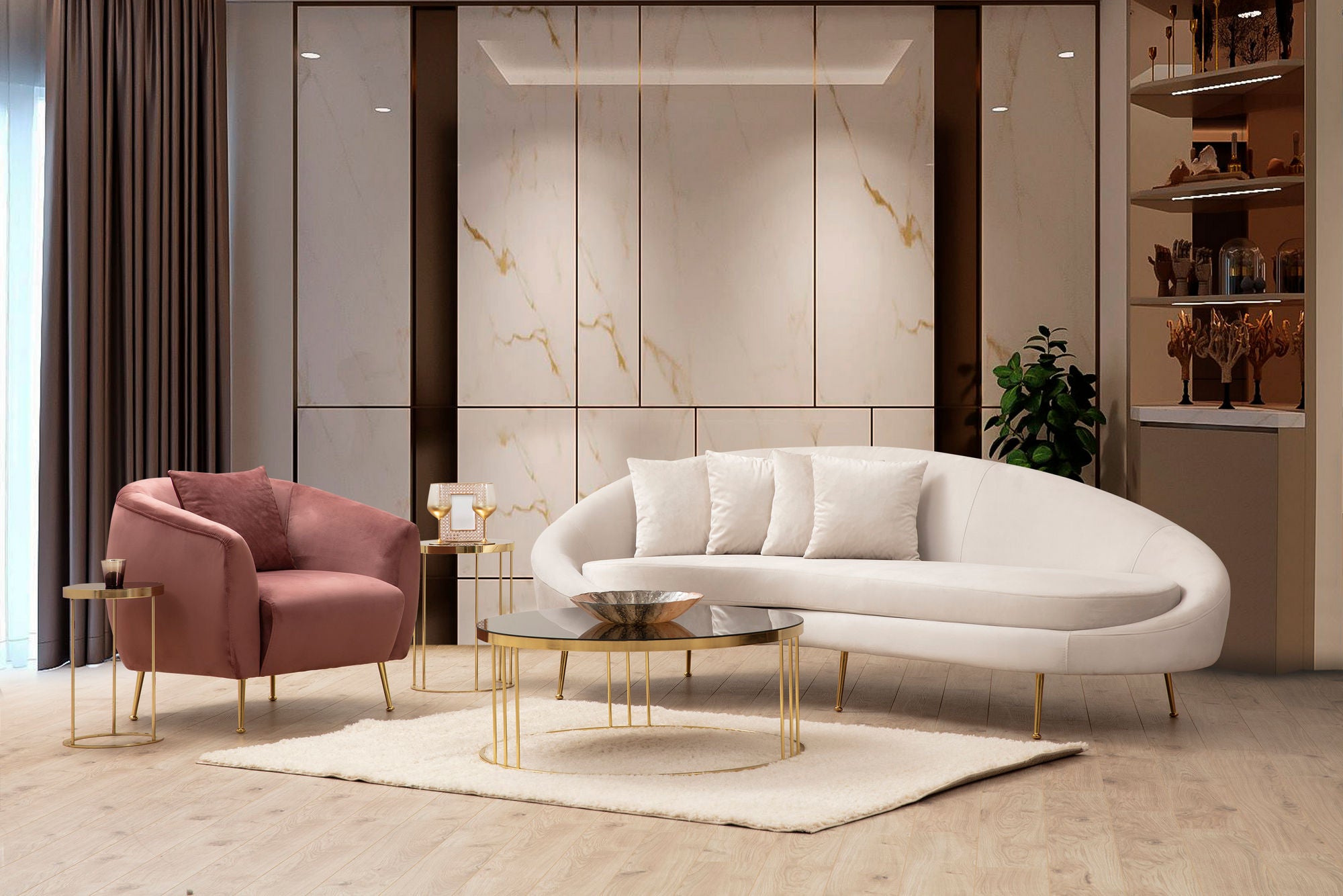 Poltrona Elegante Rosa com Estrutura em Madeira de Faia e Pernas de Metal Dourado, 70x82x82 cm | 100% Poliéster, Espuma Macia e Almofadas de Penas | Perfeita para Decoração Glamourosa