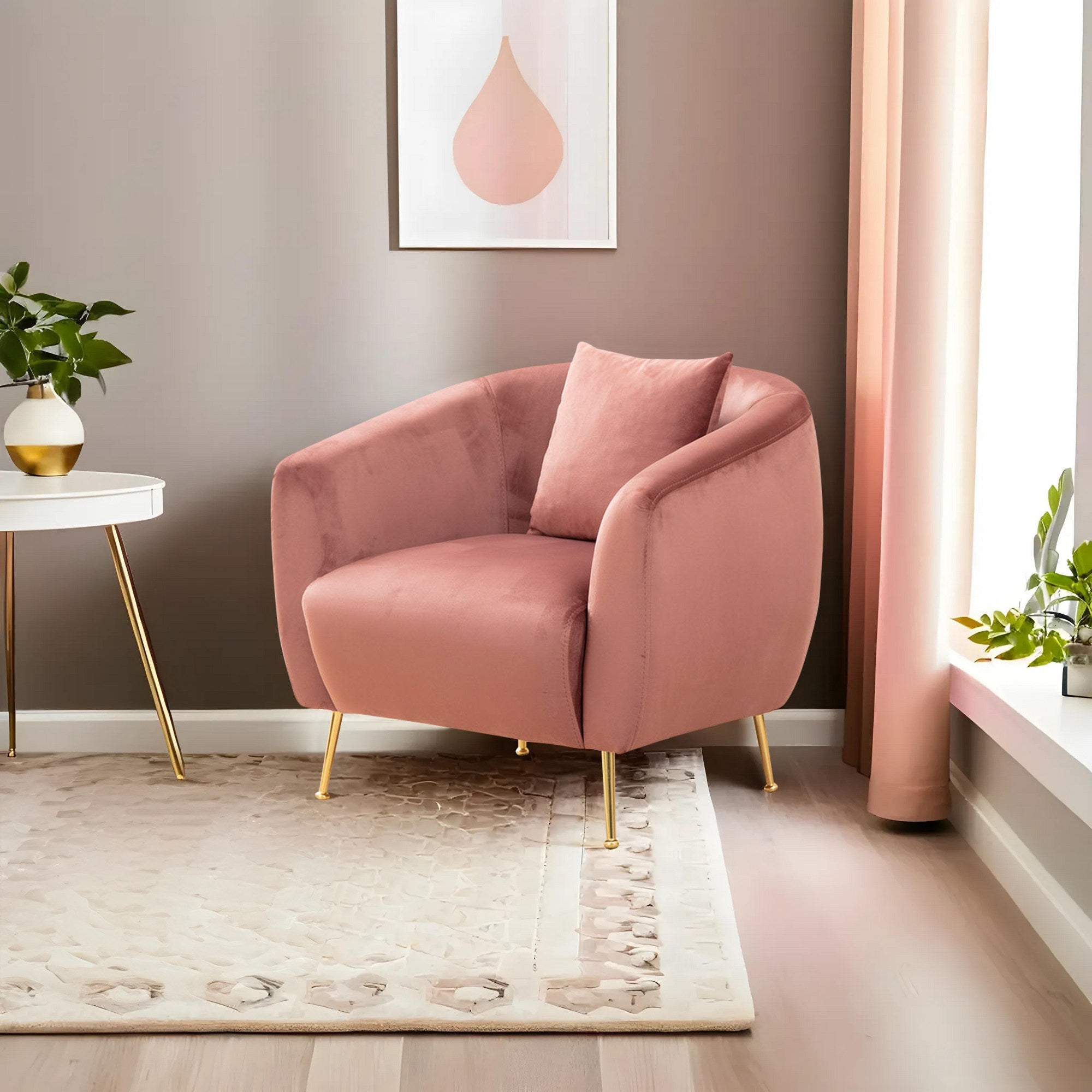 Poltrona Elegante Rosa com Estrutura em Madeira de Faia e Pernas de Metal Dourado, 70x82x82 cm | 100% Poliéster, Espuma Macia e Almofadas de Penas | Perfeita para Decoração Glamourosa