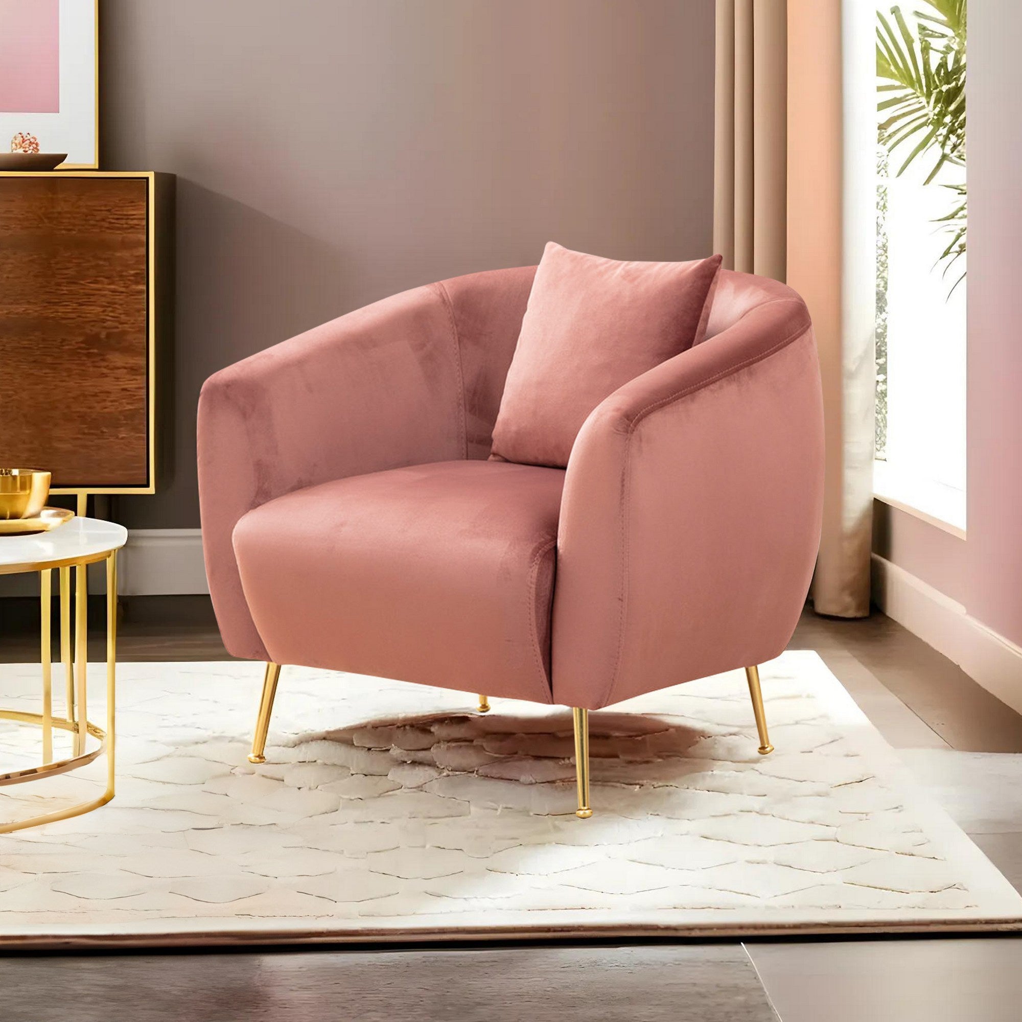 Poltrona Elegante Rosa com Estrutura em Madeira de Faia e Pernas de Metal Dourado, 70x82x82 cm | 100% Poliéster, Espuma Macia e Almofadas de Penas | Perfeita para Decoração Glamourosa