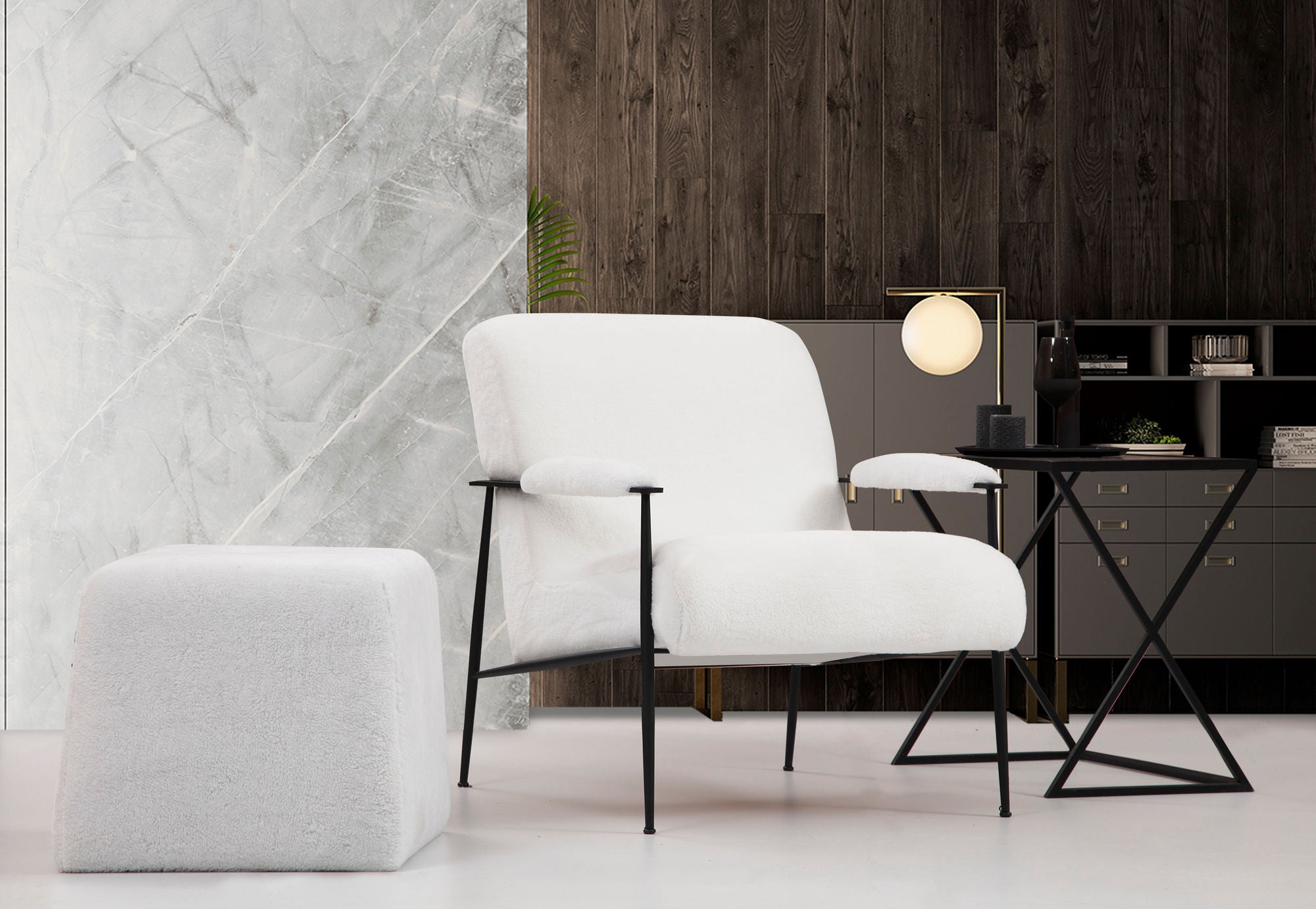 Poltrona Elegante, Branca, 75x80x85 cm | Estrutura em madeira de faia e aglomerado, 100% poliéster, encosto ajustável, pernas de metal preto fosco | Ideal para decoração de hotéis e escandinava